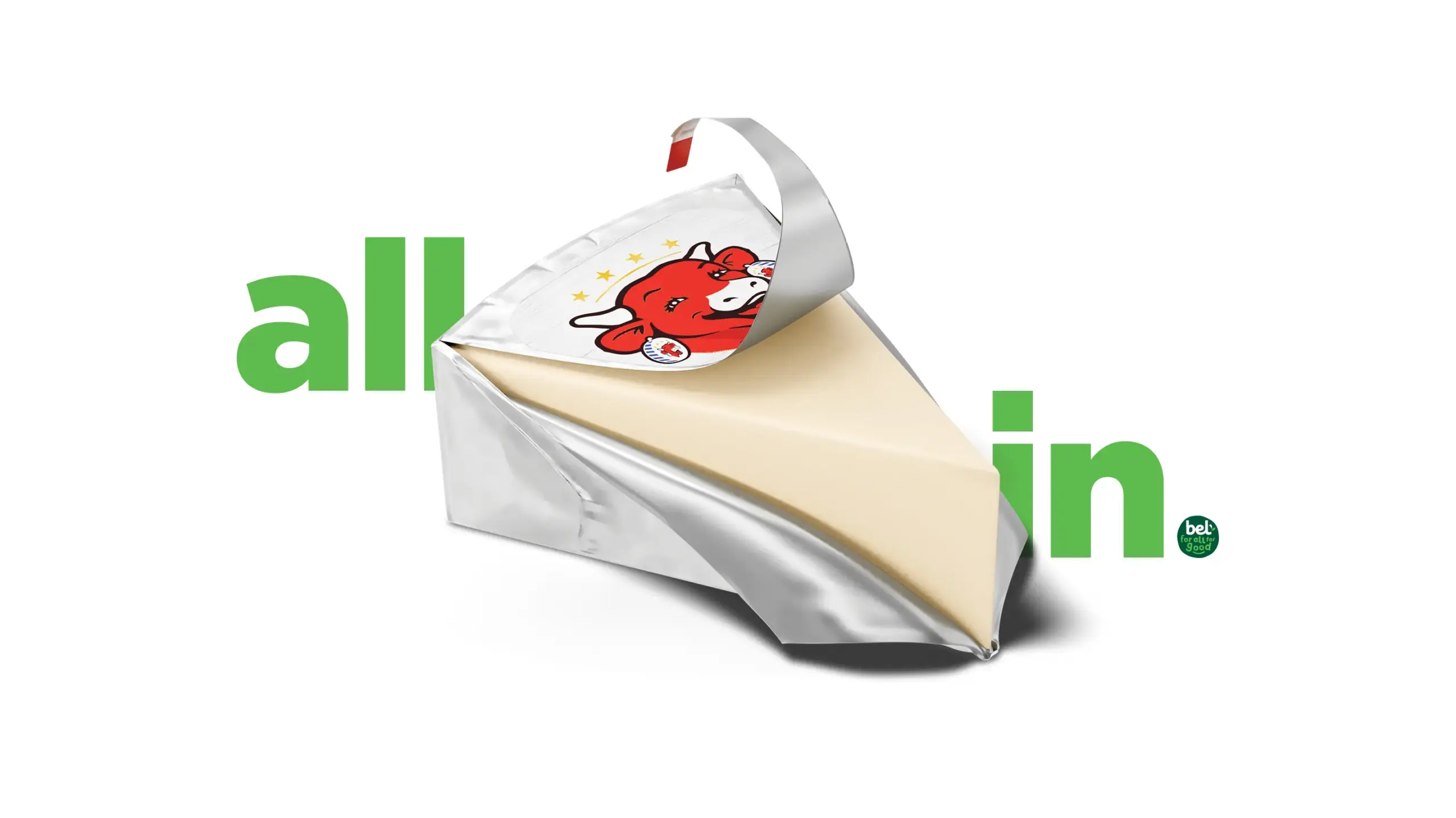 Laughing cow cheese image in between the All In logo
