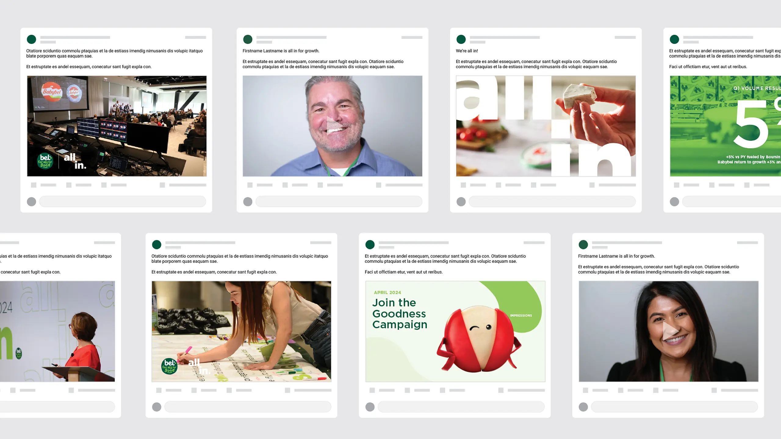 Mockup of social media posts for Bel Brands All In 2024