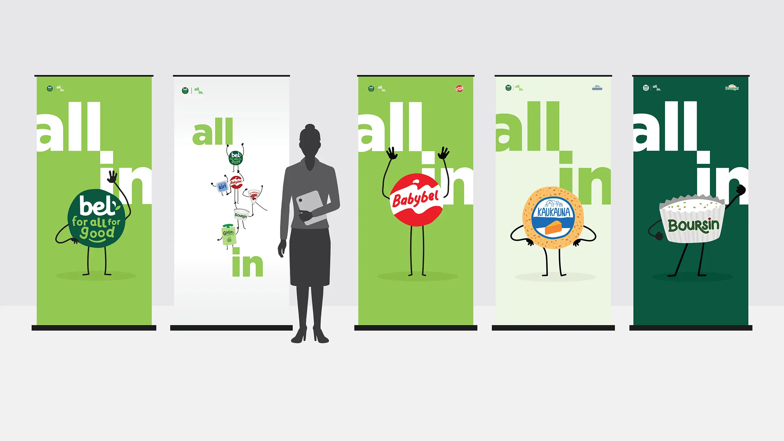 Series of vertical ‘All In’ banners featuring Bel Brands characters, including Babybel, Boursin, Kaukana, and Bel for All For Good, displayed at an event