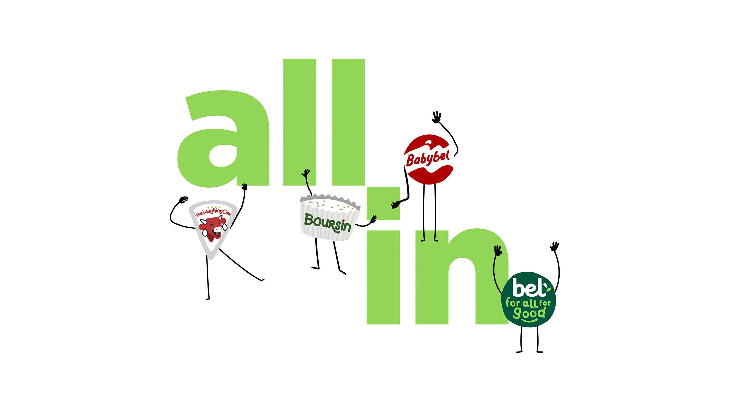 Illustrated ‘all in’ wordmark in green with playful Bel Brands characters—Babybel, Boursin, The Laughing Cow, and Bel for All For Good—raising their arms