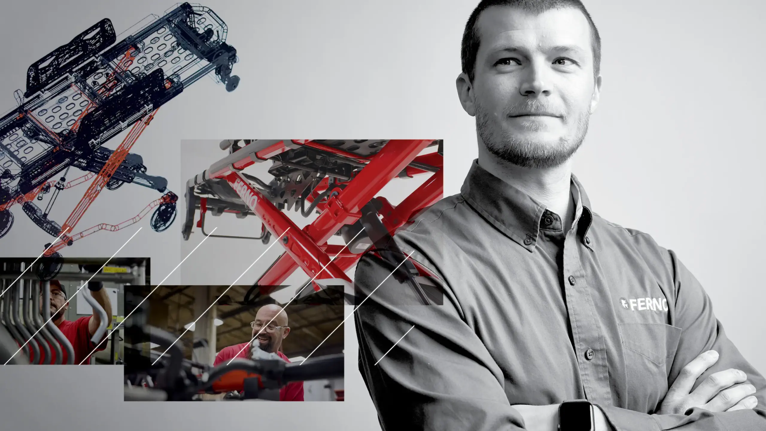 Ferno employee standing in front of images and linework of Ferno products