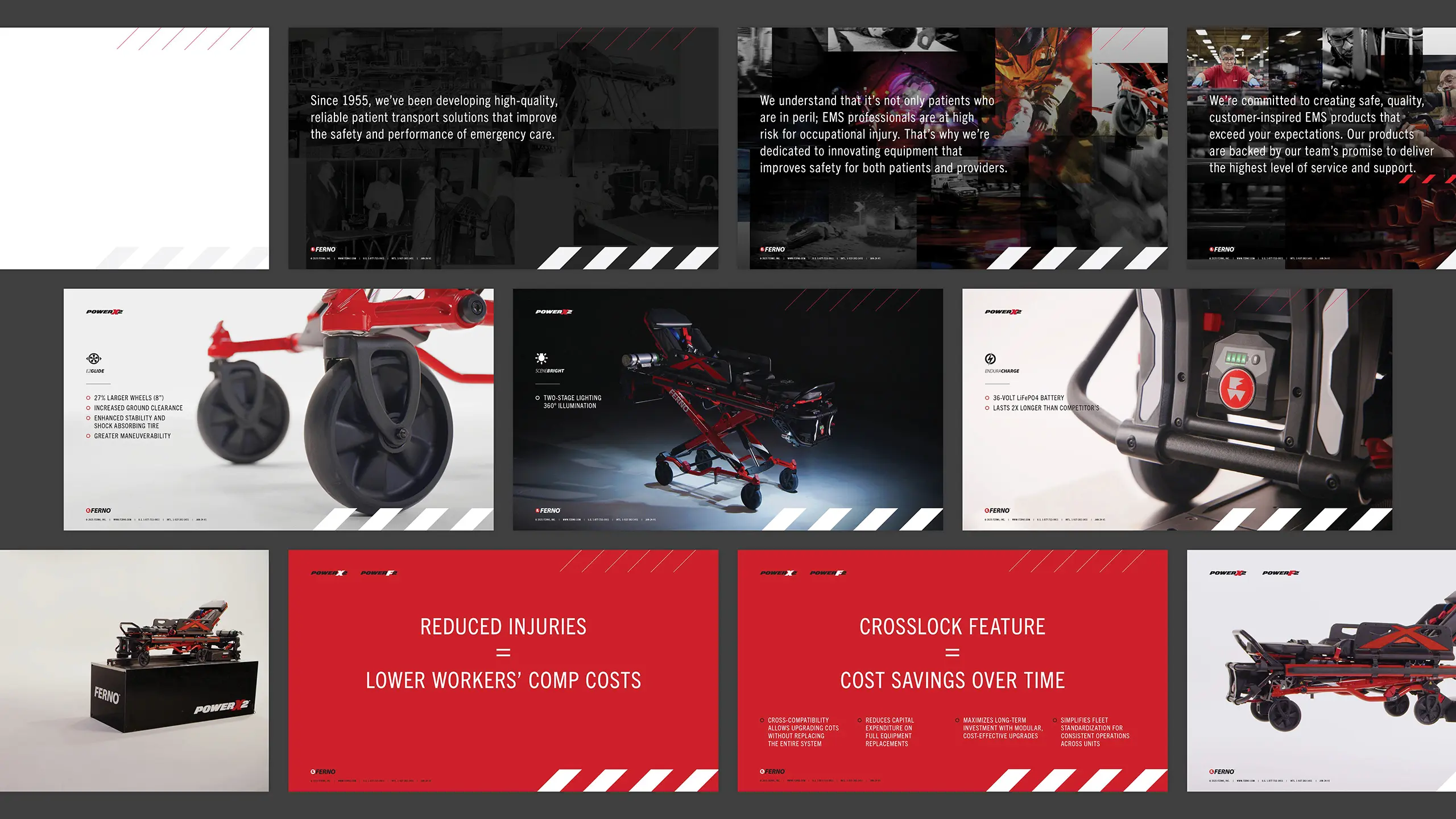 Collection of EMS product marketing slides showcasing a powered ambulance stretcher, safety features, performance benefits, and cost savings