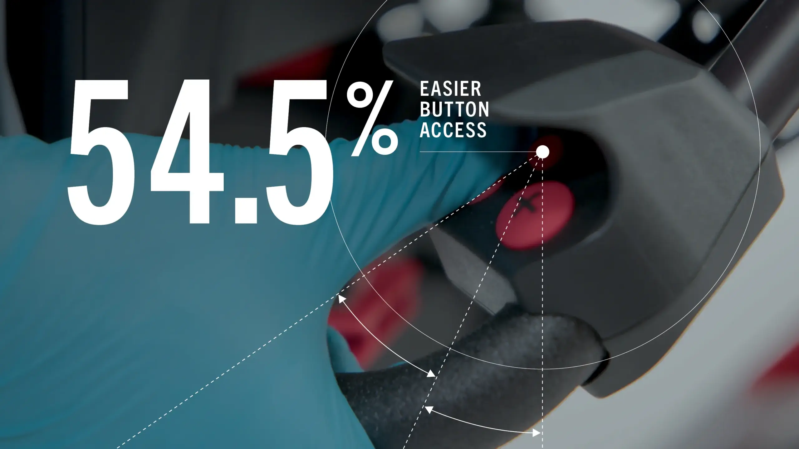 Close-up of a hand pressing a button and statistics about easier button access