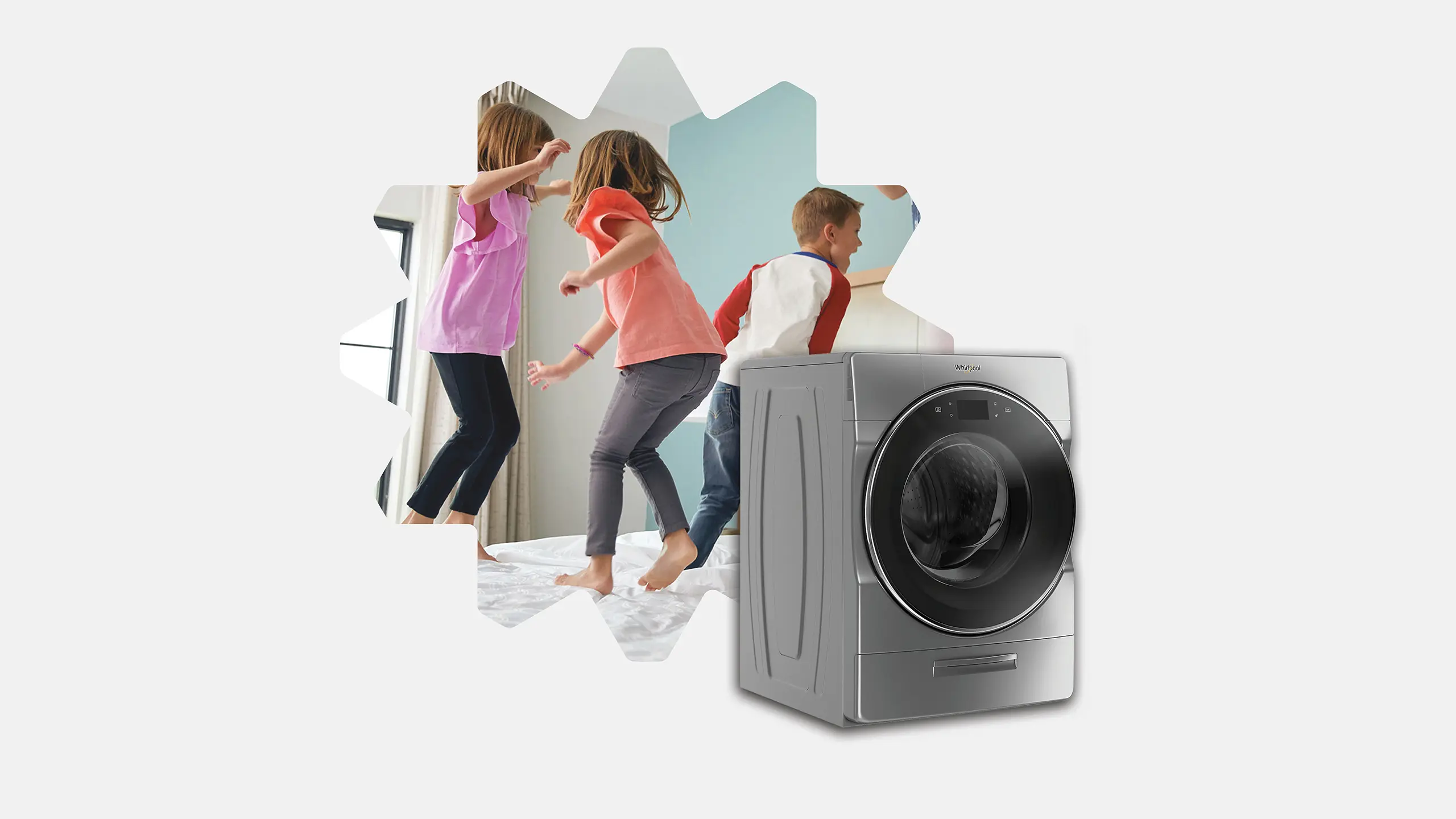 A Whirlpool washing machine in front of The Discount Factory star icon with a photo of children jumping happily on a bed