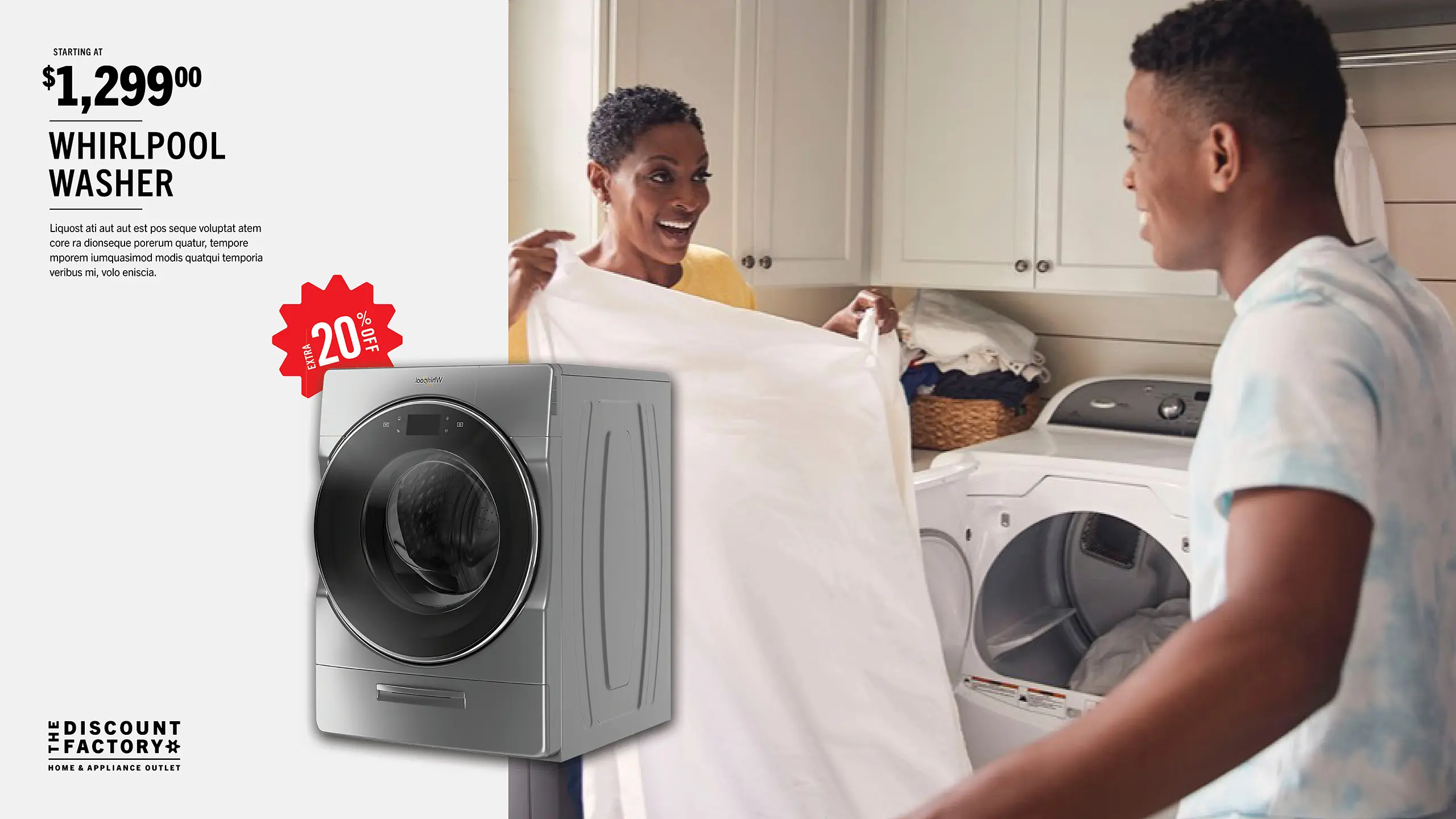 A layout example for The Discount Factory with the pricing, a lifestyle image, the discount bug, an appliance and The Discount Factory logo