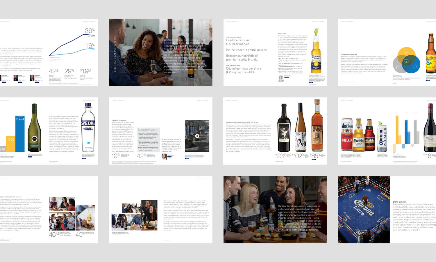 The image displays a magazine spread with graphs, product images, and people in social settings and highlighting beverages.