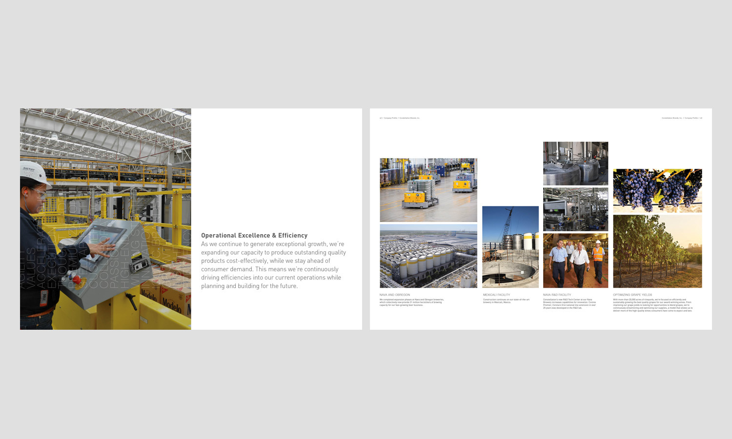 A spreads from a report. Left page shows a worker operating machinery in a bright factory setting. Right page features six images: factory vehicles, storage tanks, construction, workers walking, machinery, and a vineyard. Text discusses operational excellence and efficiency.