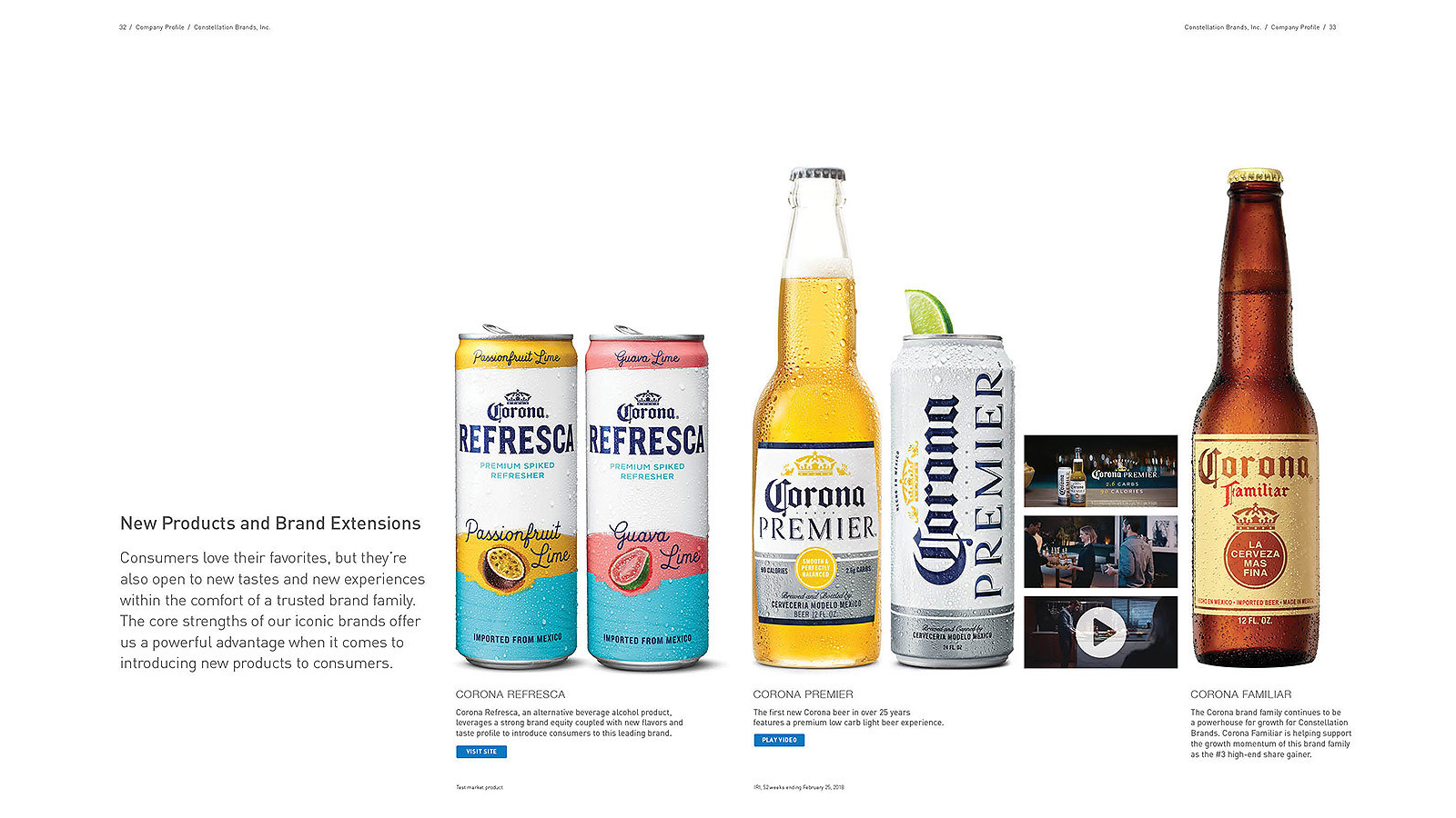 Image showcasing five Corona beverage products on a clean, white background. From left to right: two Corona Refresca cans in Passionfruit Lime and Guava Lime flavors, a Corona Premier bottle next to a can, and a Corona Familiar bottle. The text discusses new products and brand extensions for consumer experiences.