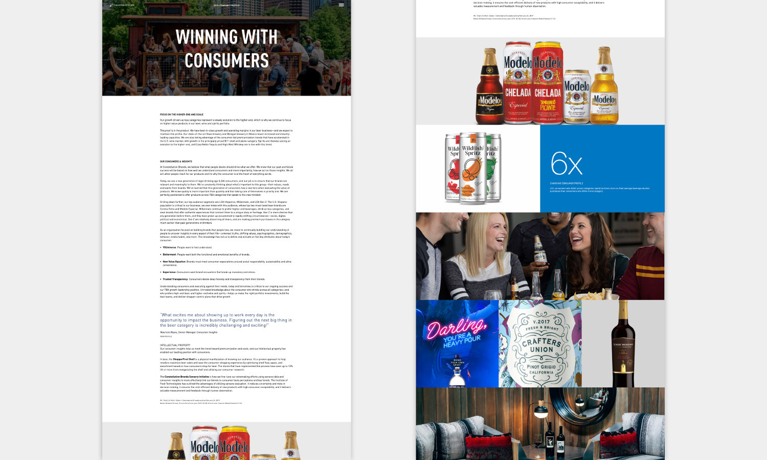 Two-page layout featuring "Winning with Consumers" in bold at the top. Left page has text-heavy content; right page showcases beer and wine images, people socializing, and a cozy lounge atmosphere.