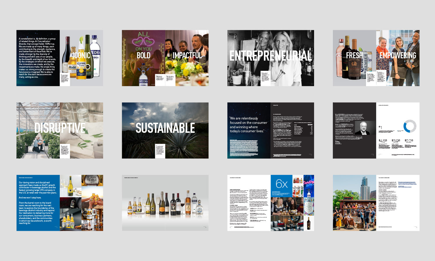 Grid of presentation slides displaying various themes like "Iconic," "Bold," "Impactful," and "Sustainable." Each slide includes images and text, highlighting elements of innovation, empowerment, and entrepreneurship.