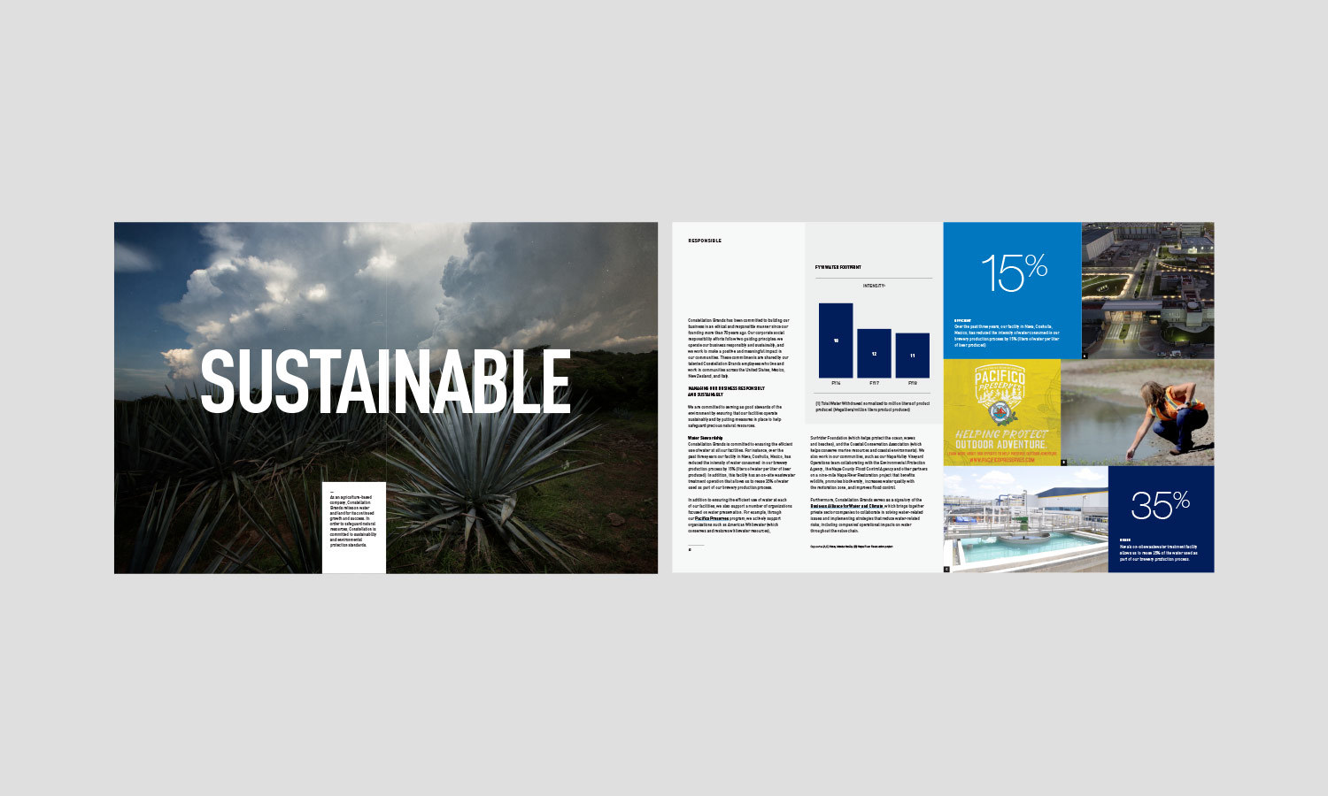 Wide open brochure with the word "SUSTAINABLE" over a lush landscape on the left, and text with infographic elements on the right, displaying percentages and images related to sustainability initiatives.