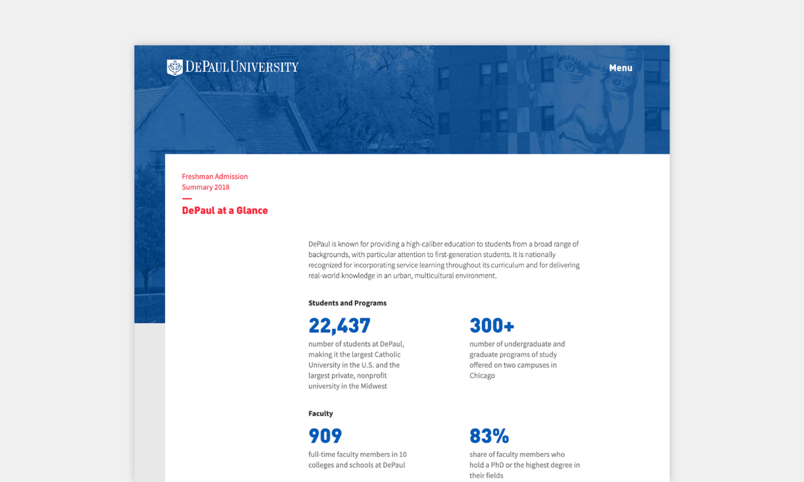 DePaul University webpage displaying freshman admission summary for 2018. It includes enrollment statistics and faculty details on a clean, white background. Blue header features a university logo and menu.