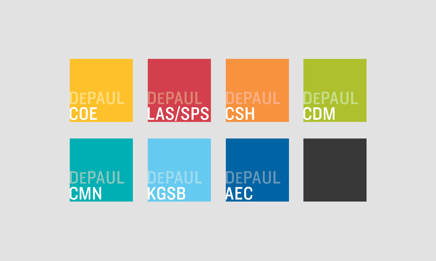Colorful grid with eight squares, each labeled with "DePaul" and different abbreviations: COE, LAS/SPS, CSH, CDM, CMN, KGSB, AEC, against a light gray background.