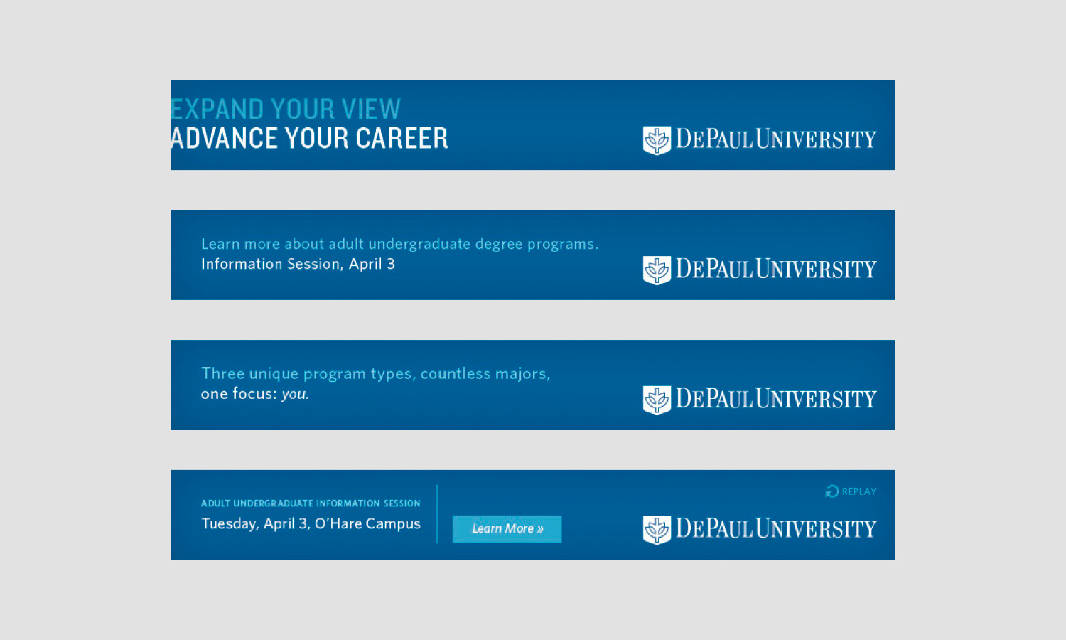 Banner ads for DePaul University promoting adult undergraduate degree programs. Blue background, white text, and logo.