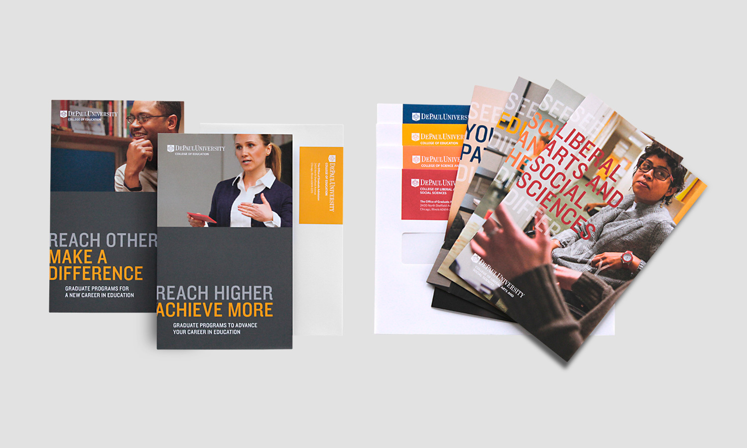 Roadpiece brochures and mini-viewbook collateral for DePaul University, showcasing graduate programs. They feature diverse individuals and motivational text.