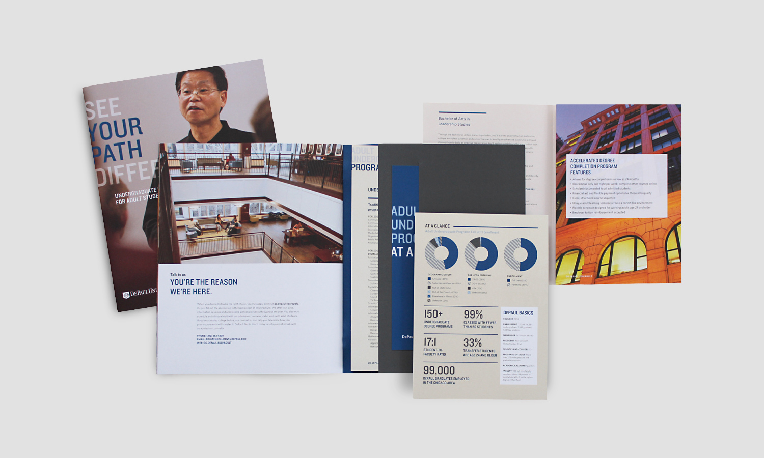 A collection of the viewbook and program inserts that feature images of a professional setting, charts, and architectural elements.