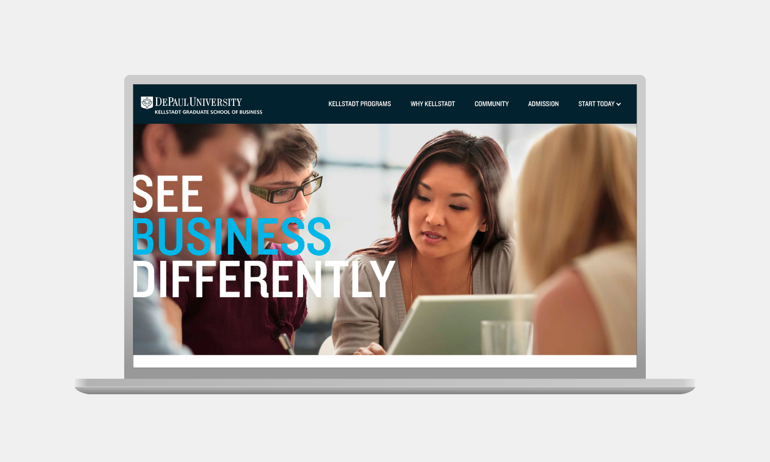 The text "See Business Differently" overlays the image of a group of diverse students collaborates, looking at a tablet.