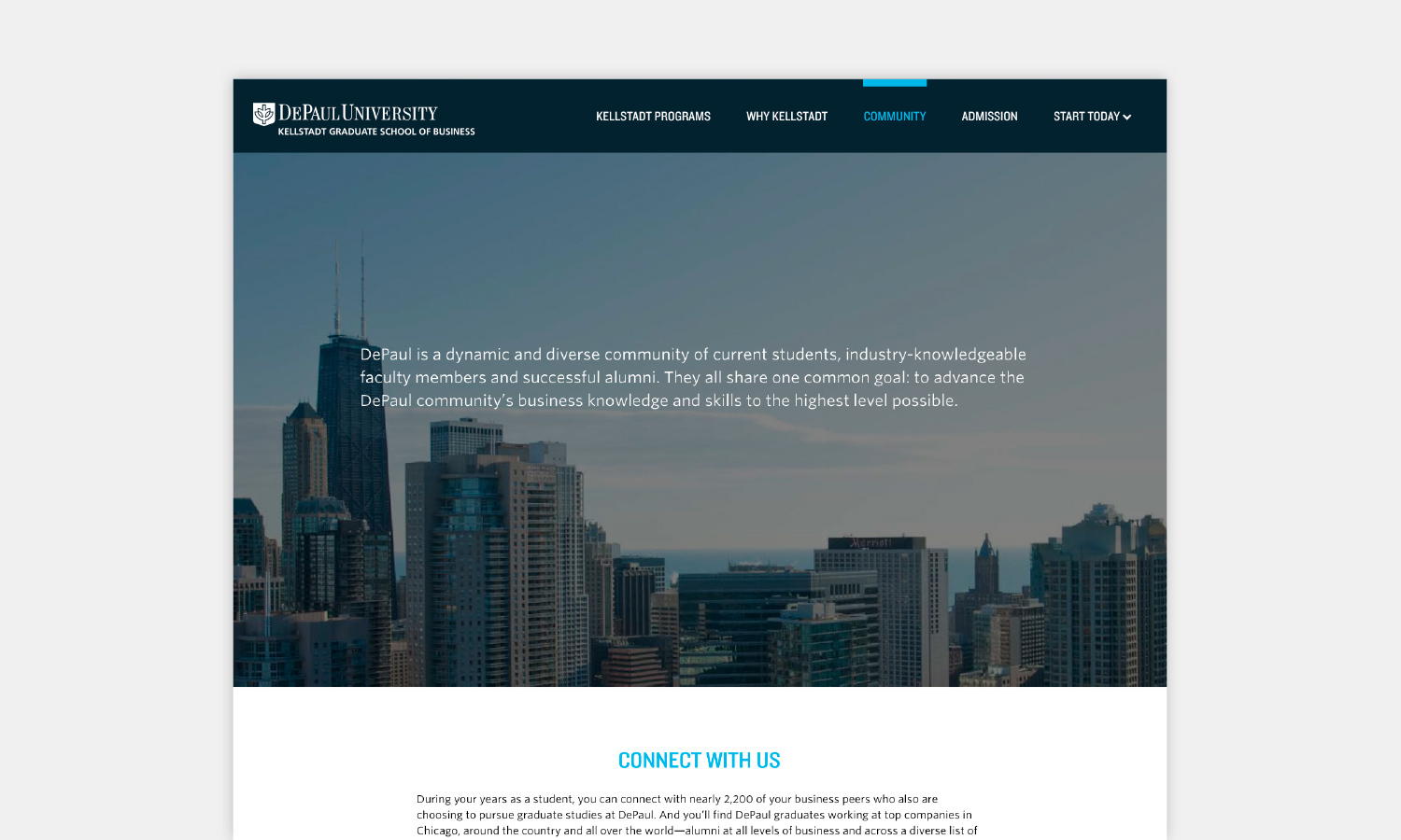 Skyline view of tall buildings under a clear sky, featuring text about DePaul University's Kellstadt Graduate School of Business, emphasizing community.