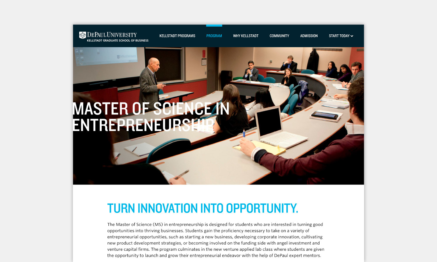 A classroom with a professor presenting to students seated in a semicircle. The text reads "Master of Science in Entrepreneurship" at DePaul University.