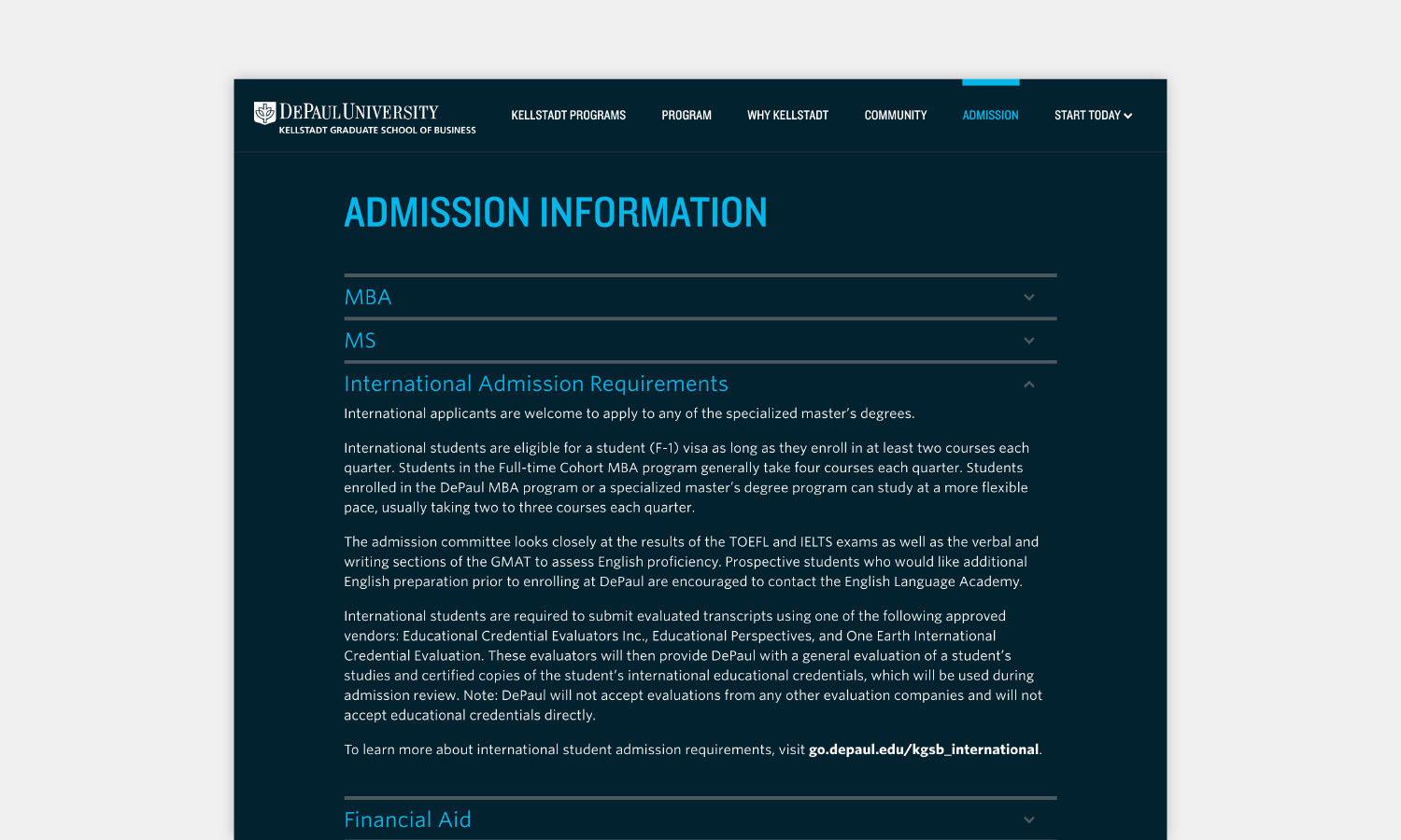 DePaul University admission information webpage for the Kellstadt Graduate School of Business. Sections include MBA, MS, and international admission requirements.