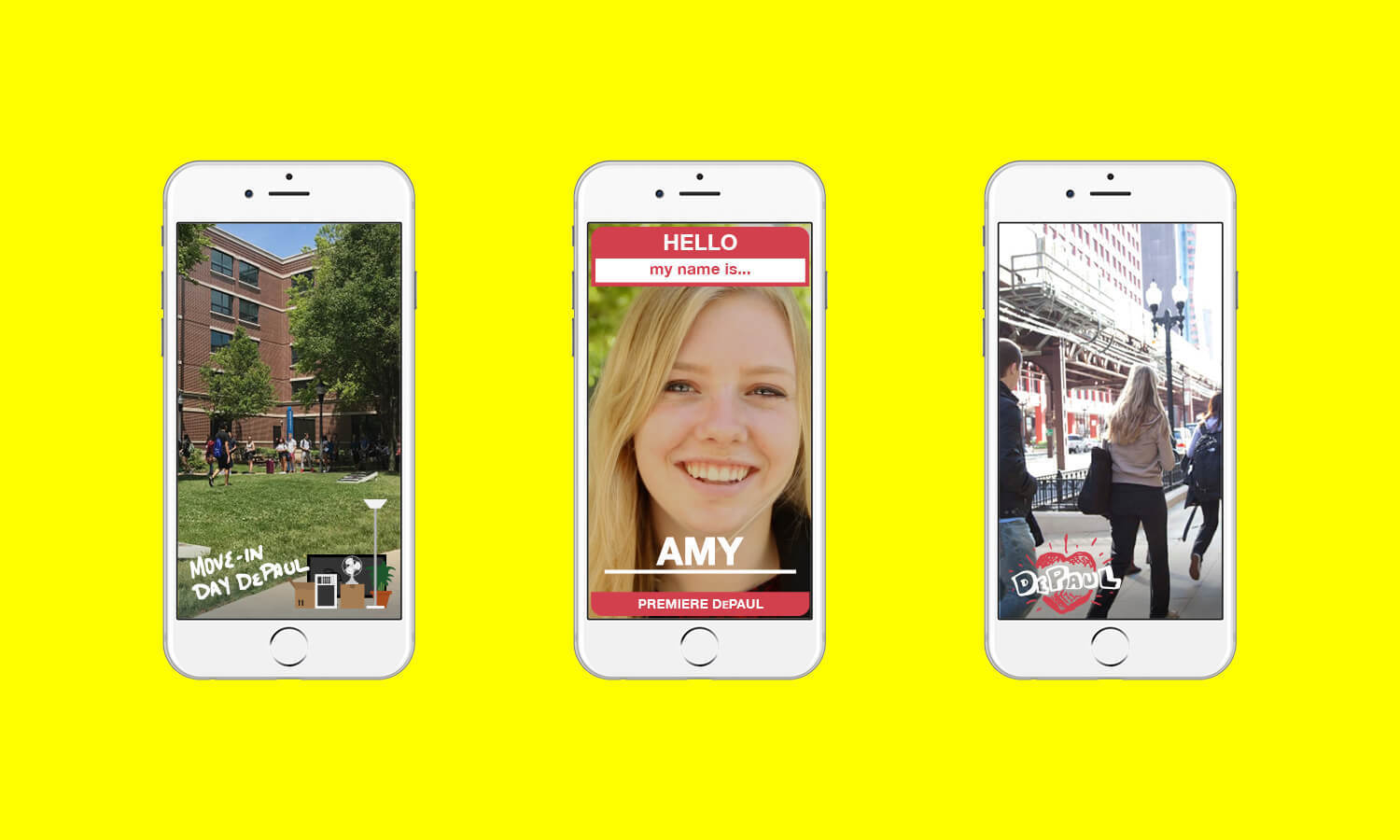 Three smartphones on a bright yellow background. Left: campus scene with "Move-In Day DePaul". Center: smiling woman labeled "AMY". Right: woman walking in a city street labeled "DePaul".