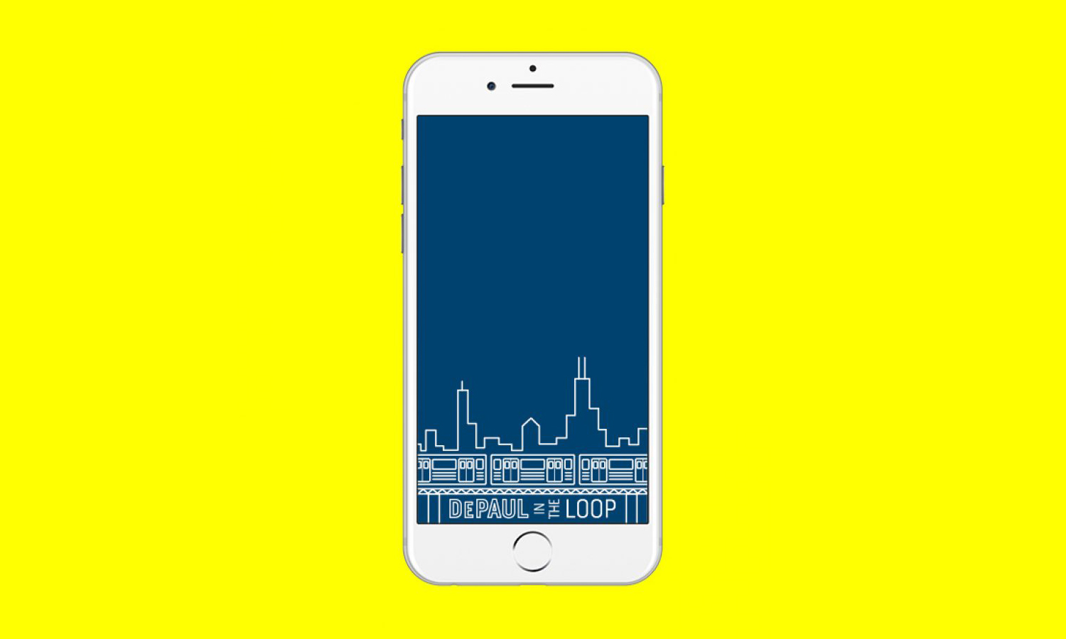 A white smartphone displays a blue screen with a city skyline and train illustration above the text "DePaul at the Loop." The background is bright yellow.