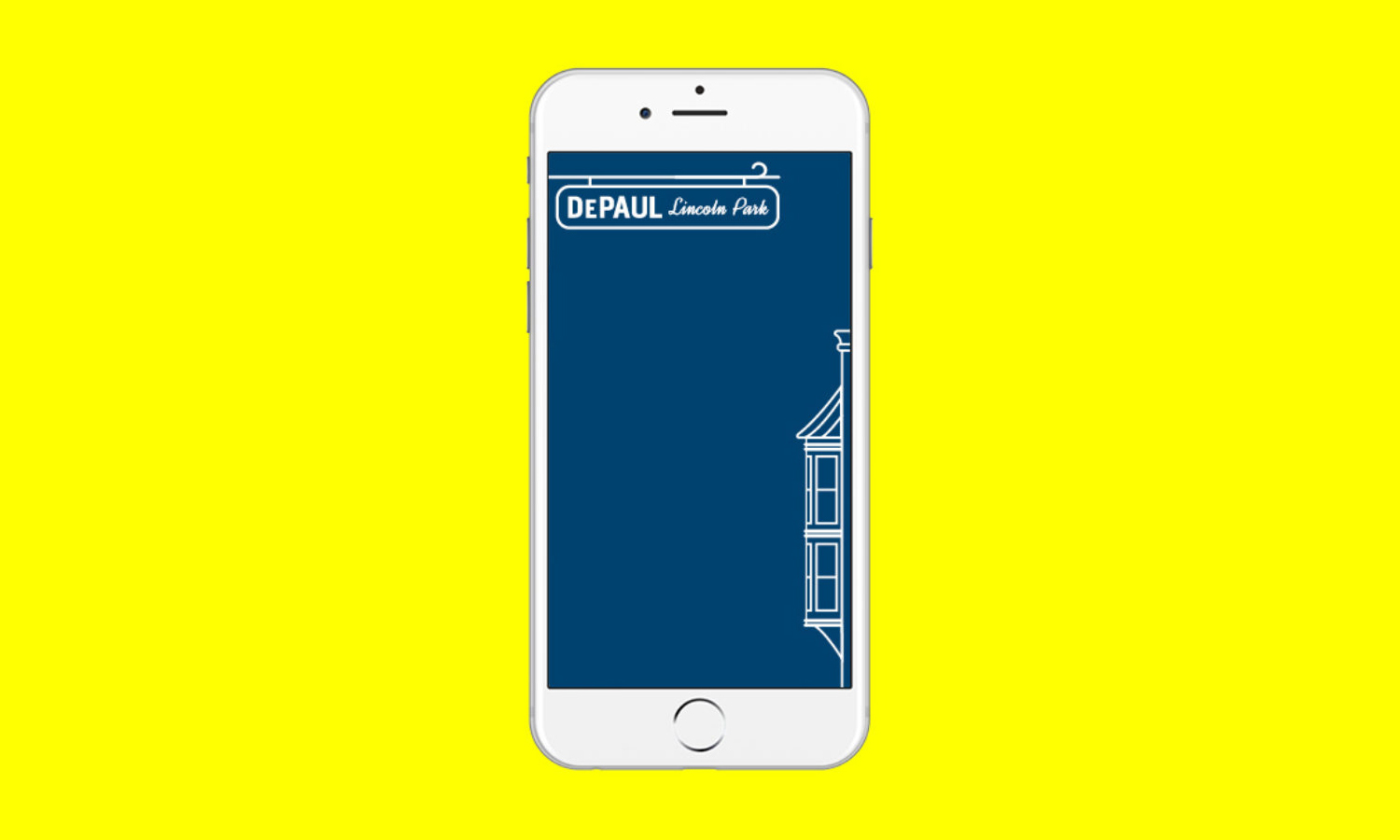 Smartphone with a blue screen showing "DePaul Lincoln Park" in white text, alongside an outline of a building. Background is bright yellow.