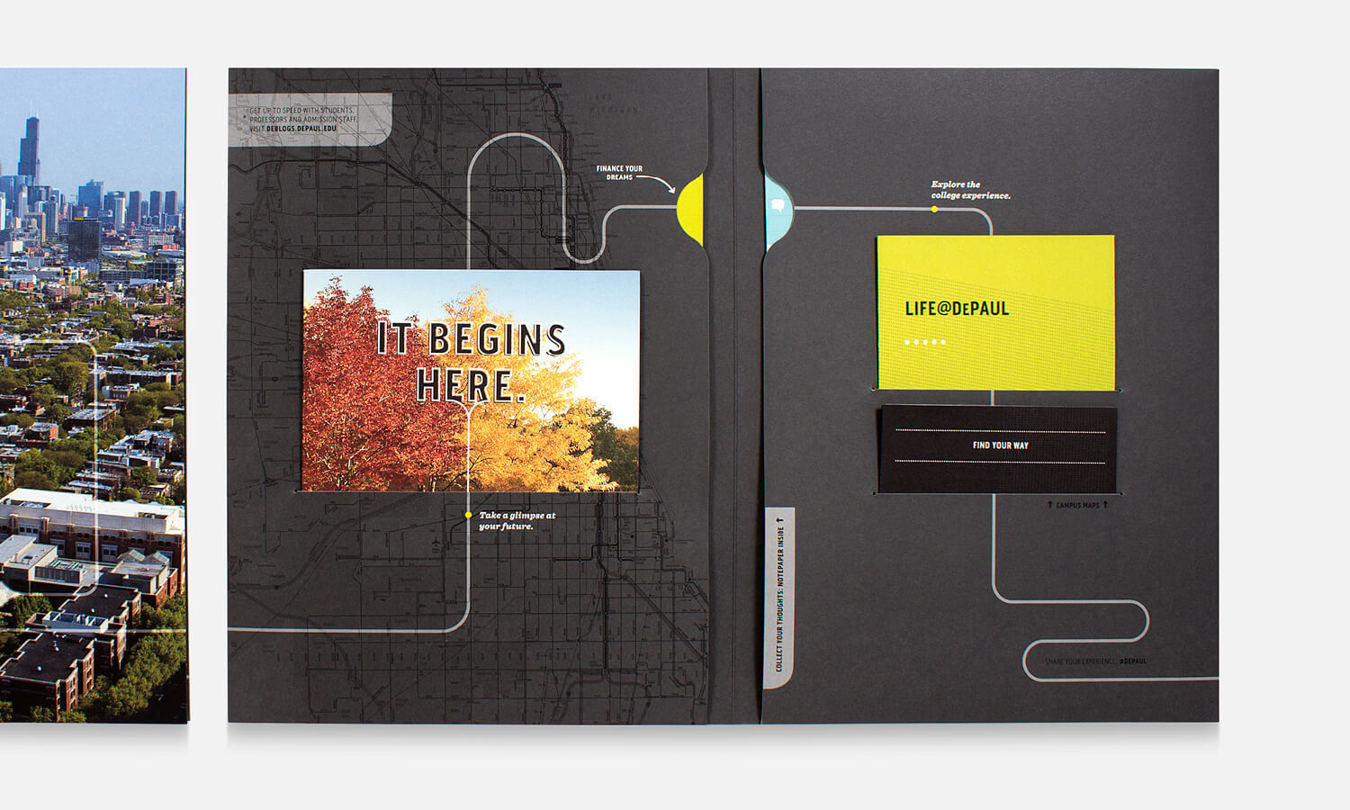 Brochure page with a city map background and a colorful image of autumn trees labeled "It Begins Here." Bright yellow and green blocks on the right display "LIFE@DEPAUL" with directional lines.