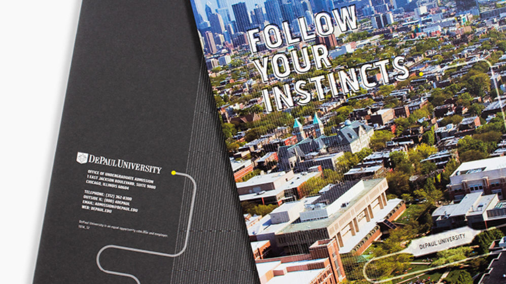 Aerial view of an urban campus with "Follow Your Instincts" in bold white text.