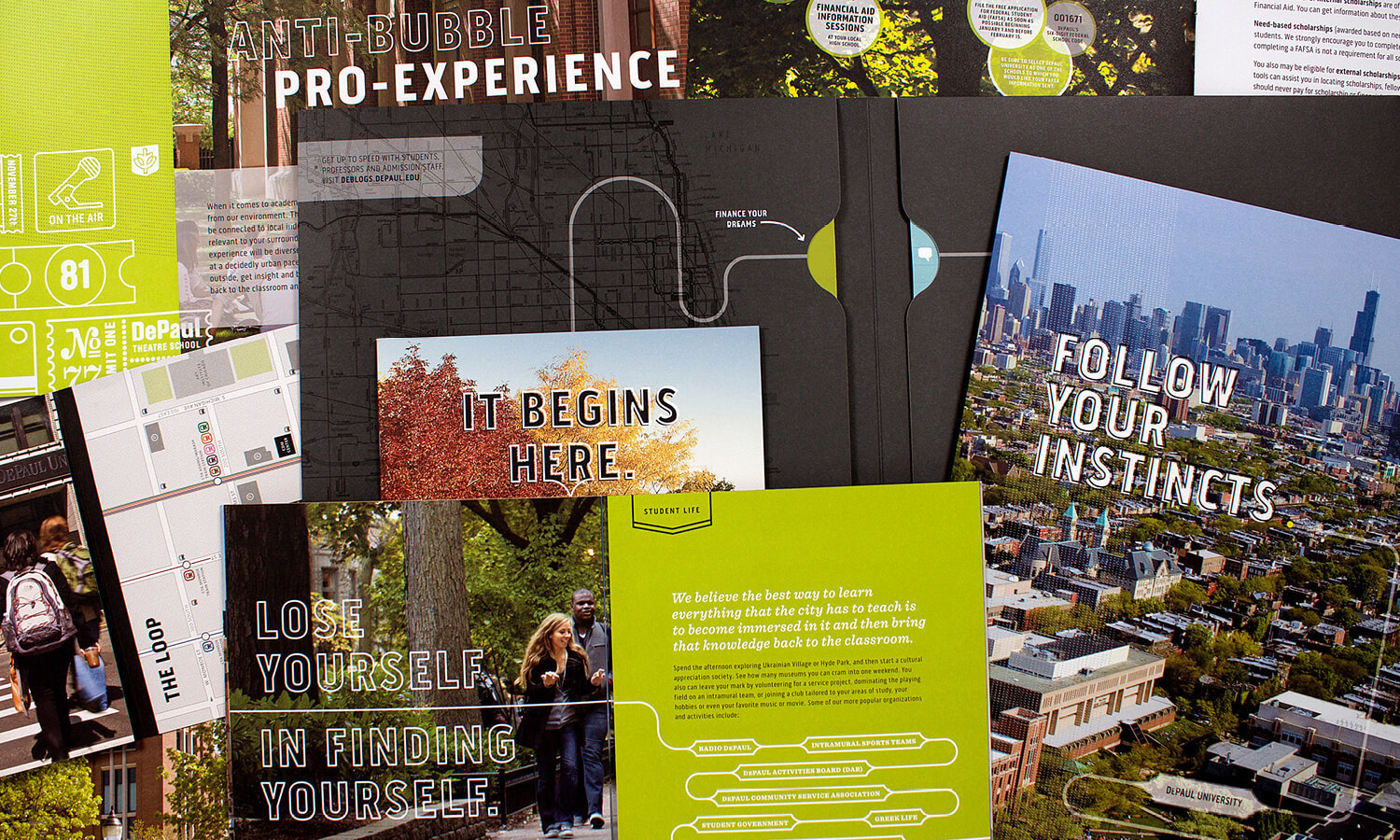 A collage of brochures featuring urban landscapes and motivational phrases like "It begins here" and "Follow your instincts," with vibrant yellow-green tones.