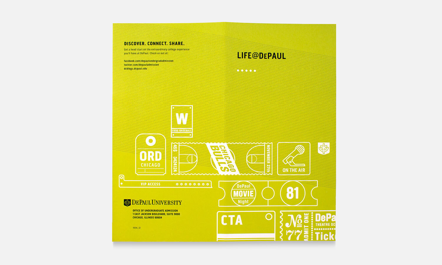 Yellow-green brochure cover titled "LIFE@DEPAUL," featuring icons of Chicago's O'Hare, basketball, and public transit. DePaul University details at the bottom.