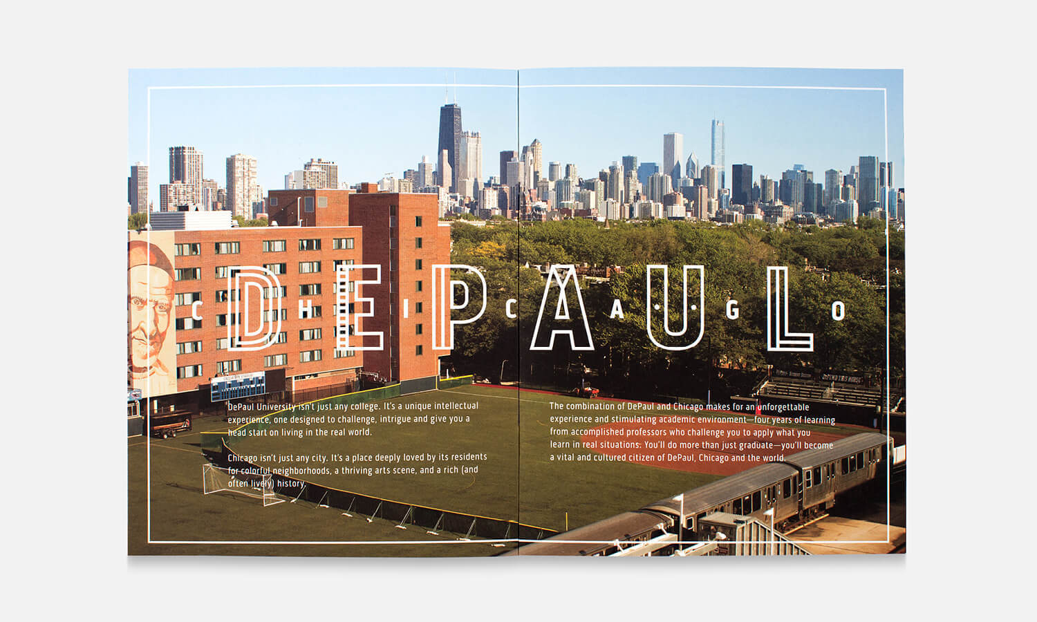 Open magazine spread featuring "DEPAUL" text over a cityscape of Chicago. A brick building and train tracks are in the foreground.