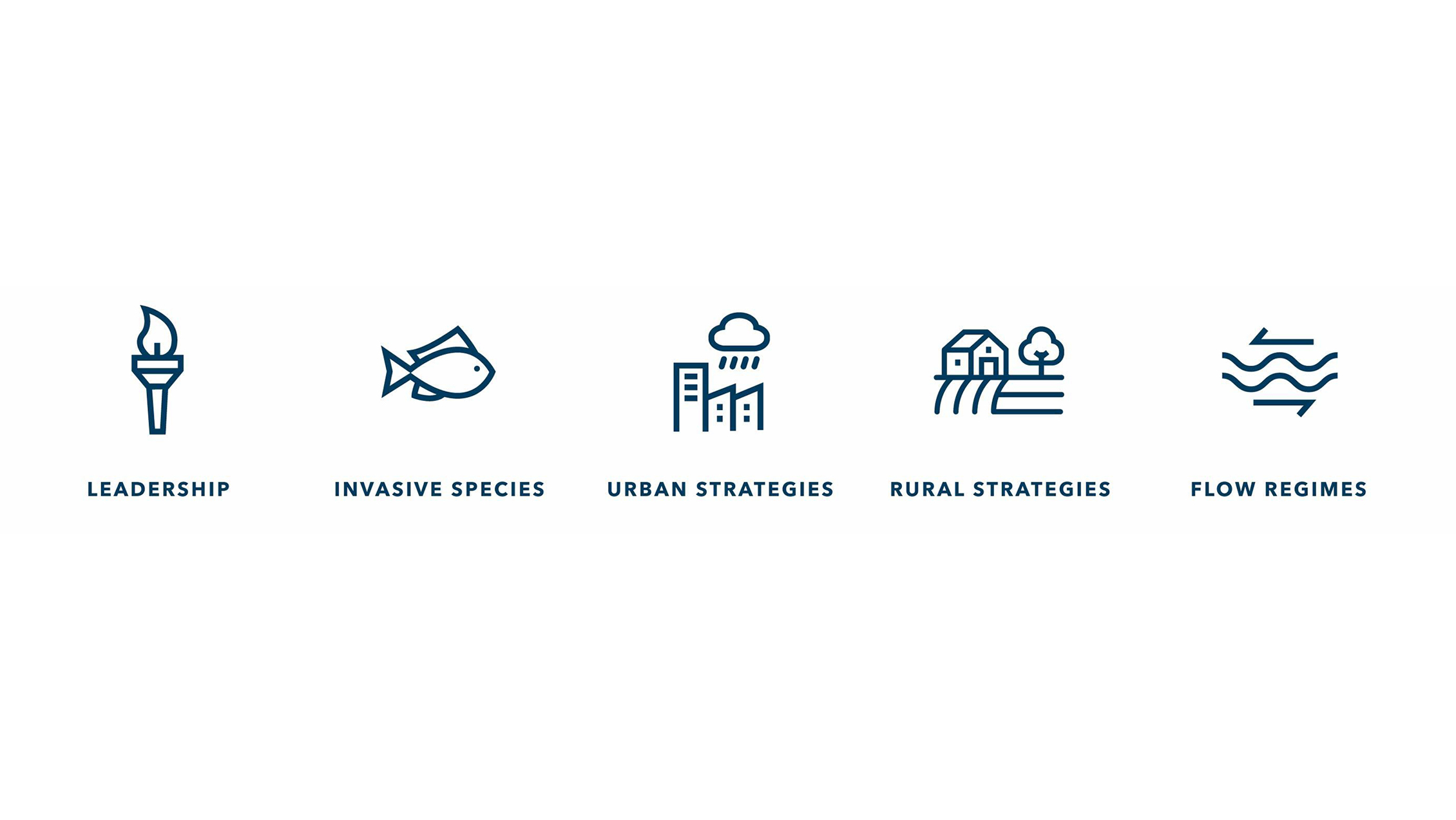 Icons representing five concepts: a torch for leadership, a fish for invasive species, buildings plus rain for urban strategies, a farmhouse for rural strategies, and wavy lines for flow regimes.