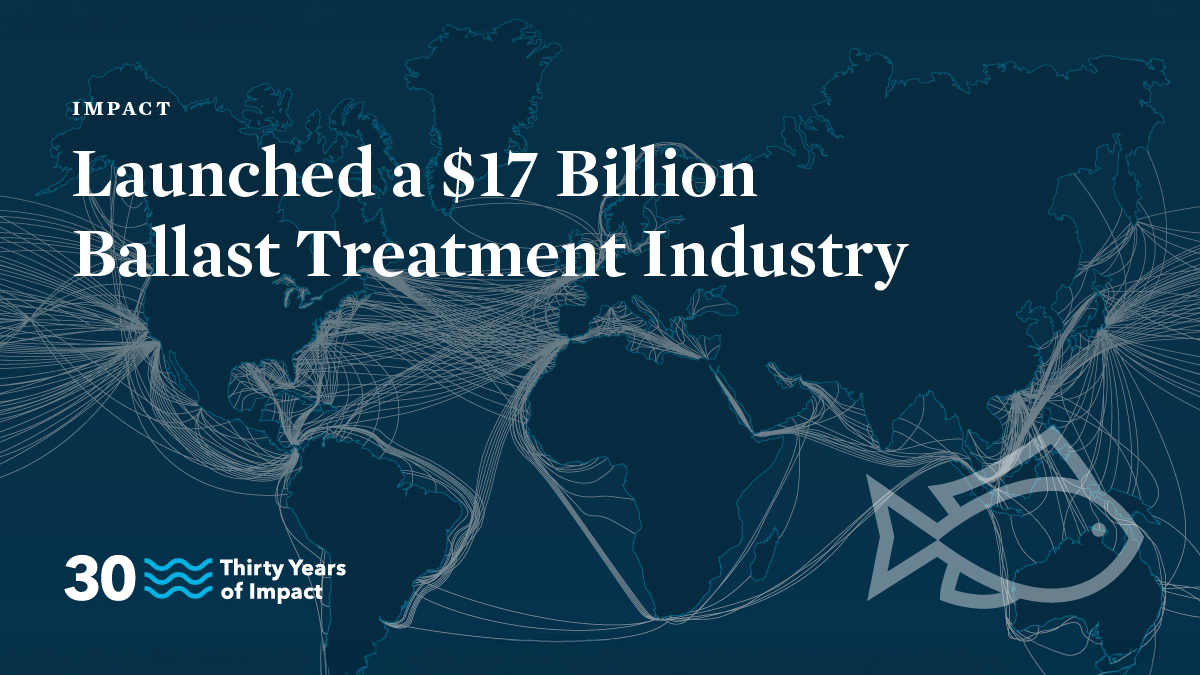 A social post for Great Lakes Protection Fund titled 'Launched a $17 Billion Ballast Treatment Industry' with a dark world map background. Features intricate network lines and a fish illustration, marking 30 years of impact.
