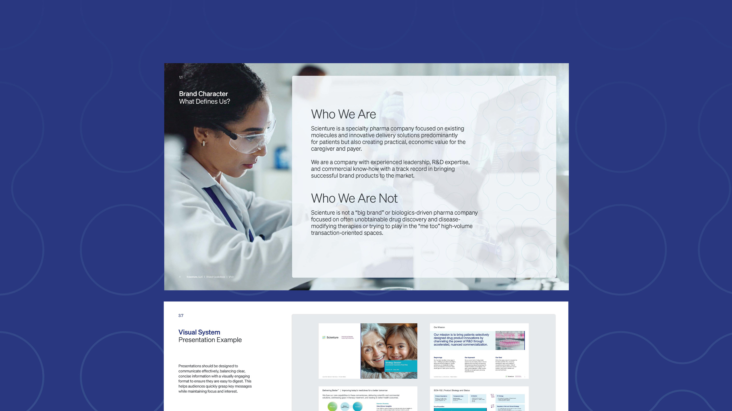 Pages from the Scienture brand guide. A scientist in a lab coat and goggles observes a test tube. Text overlay describes a pharma company's focus and values. Background is a deep blue with wave patterns.