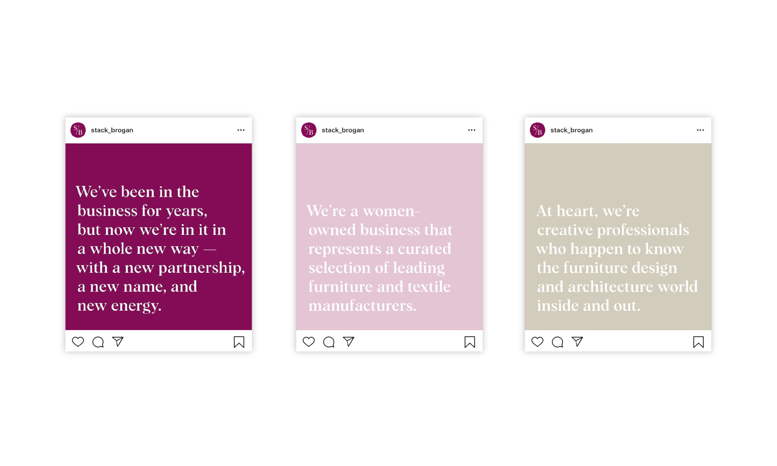 Three Instagram post mockups display text on colored backgrounds. Left: dark magenta with a business renewal message. Middle: light pink, highlighting women-owned status. Right: beige, emphasizing creative professionals.