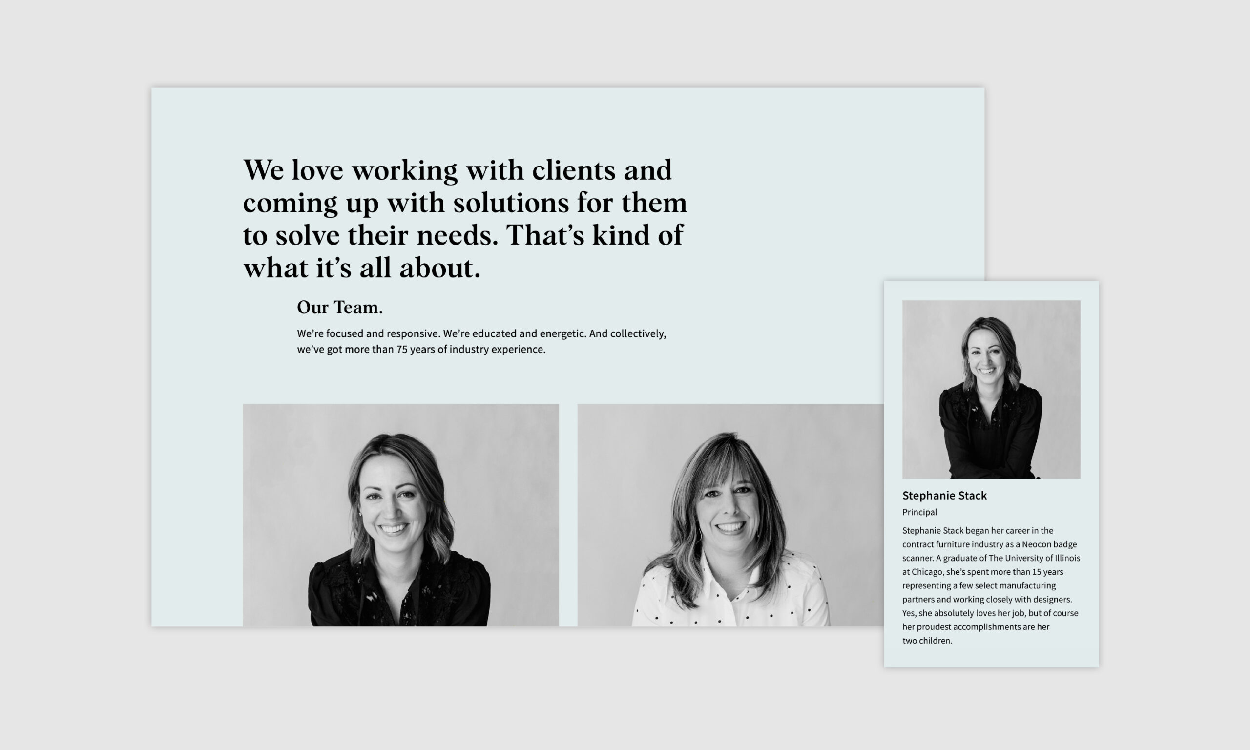 A professional webpage features a quote about client collaboration, supporting imagery of Stephanie Stack and Diana Brogan, principals of Stack Brogan.