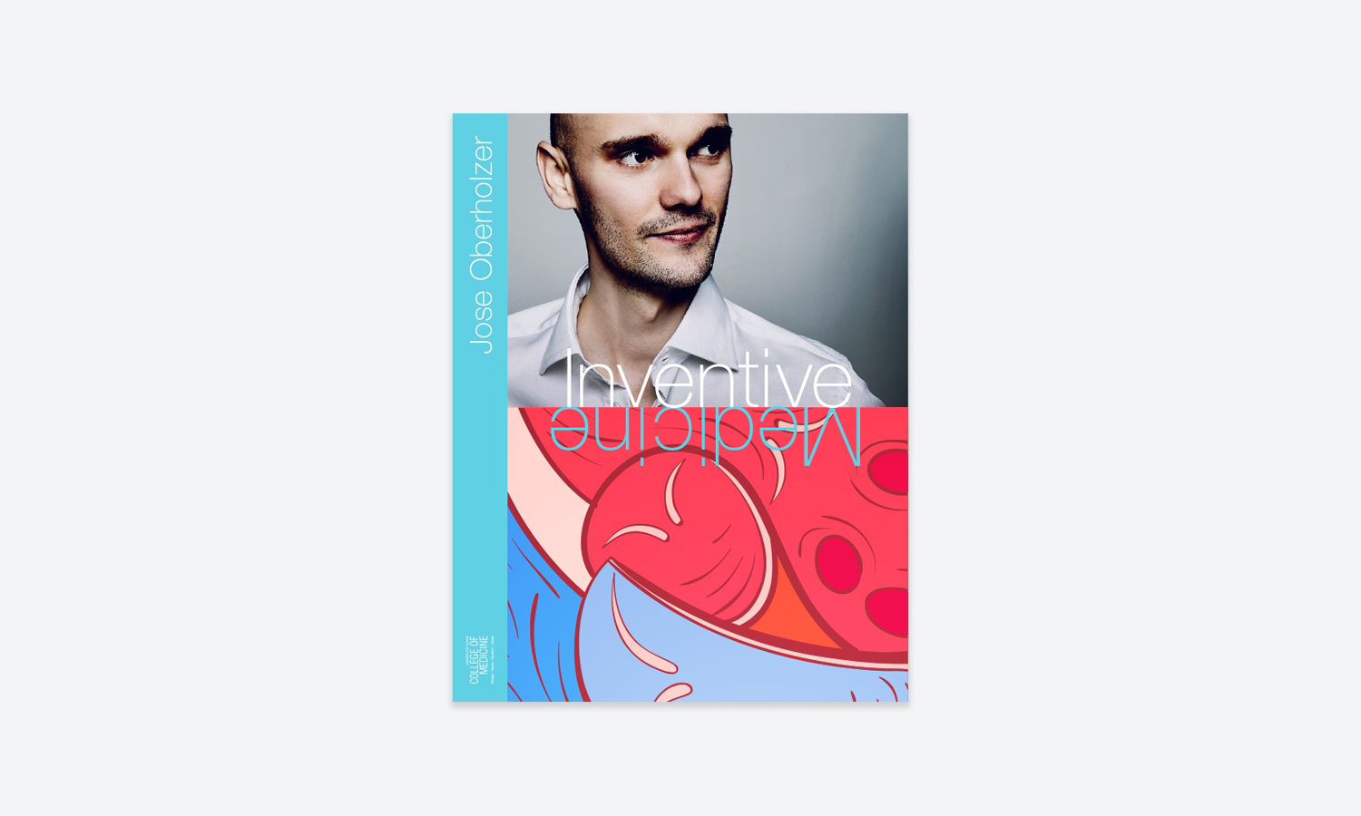 The image features a book cover with a portrait of a smiling man on top, vibrant abstract patterns beneath, and the text "Inventive Medicine."