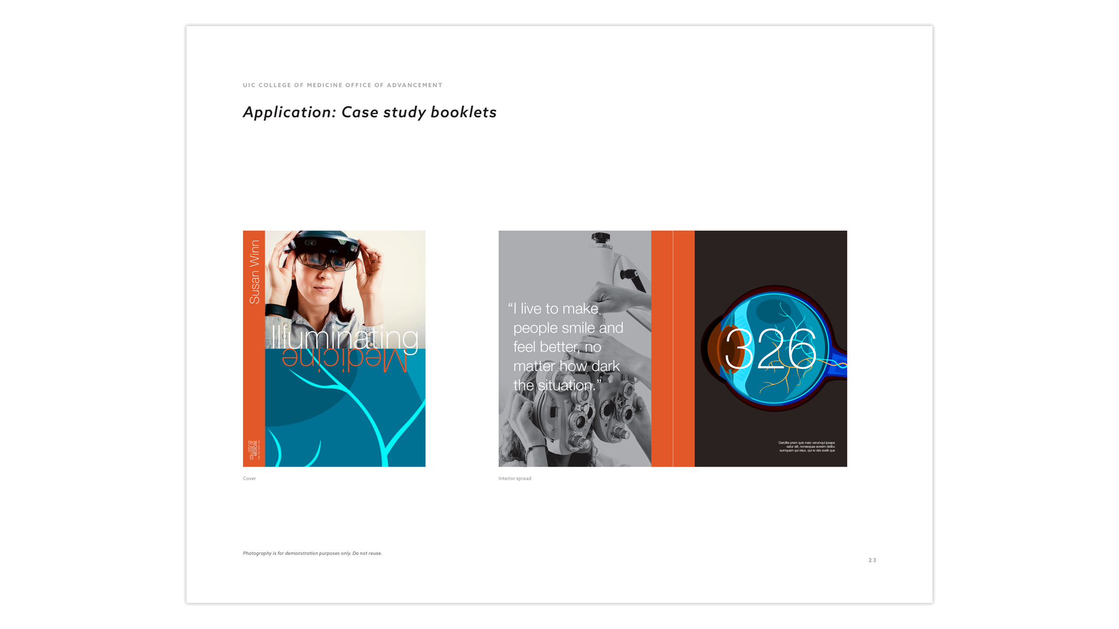 The left features the cover of a case study booklet with a person with augmented reality glasses and "Illuminating Medicine." Right shows a brain scan with "326" highlighted. Text on right reads "I live to make people smile and feel better no matter how dark the situation."