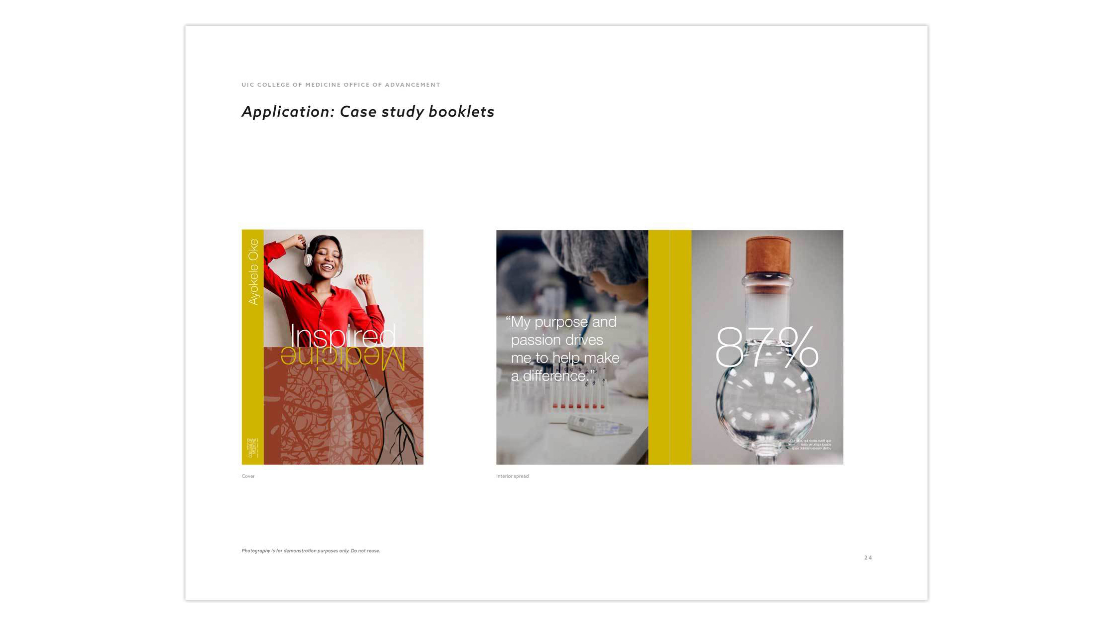 On the left there's the cover of the case study booklet with a Woman smiling, ‘Inspired’ text with the word 'Medicine' mirrored underneath. The image to the right is an internal spread that has a lab scene with motivational quote and then a chemistry flask with '87%'