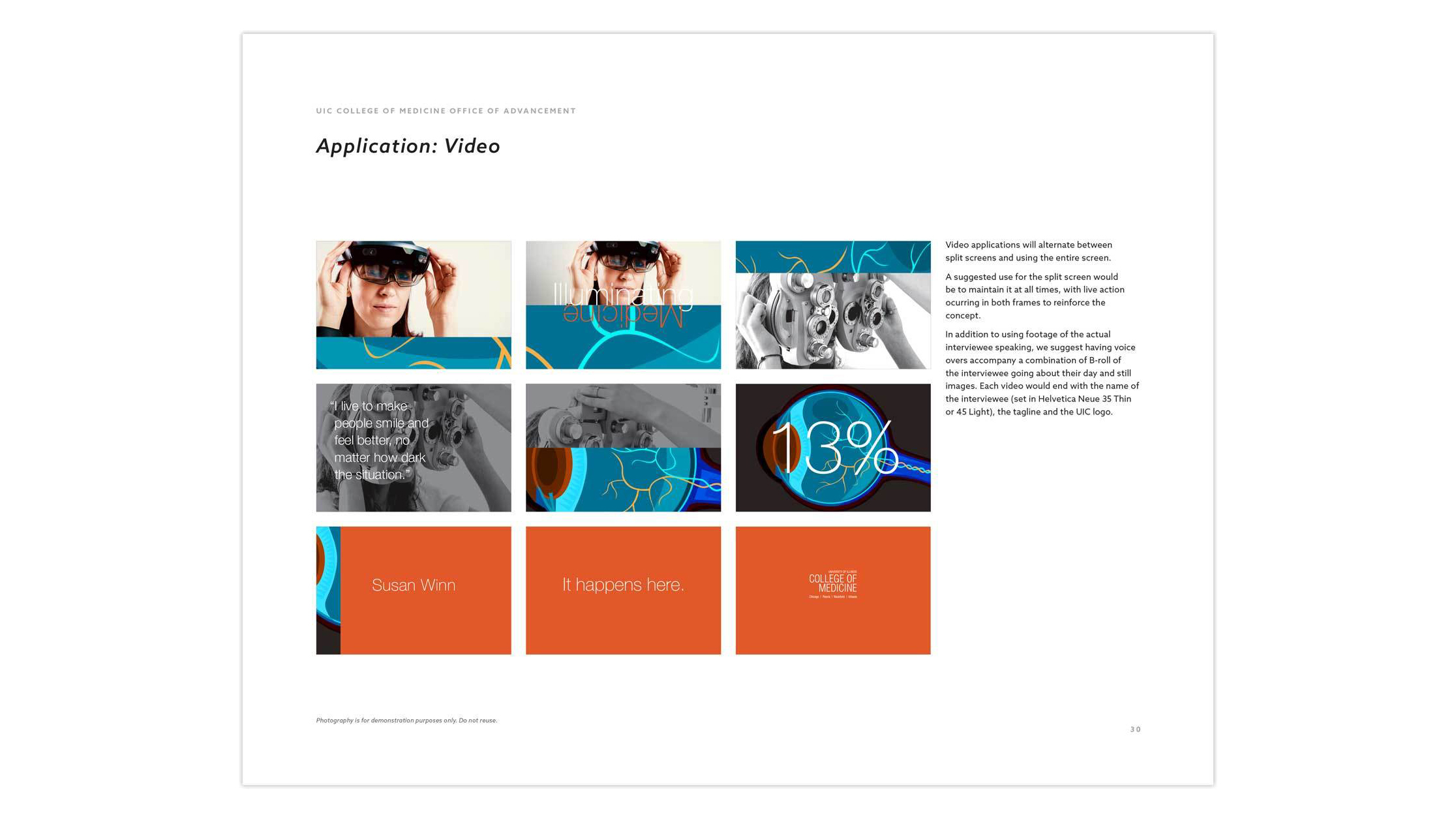 Grid layout featuring five photos and four orange text blocks about video applications. Images of a person with a VR headset, mechanical gears, and statistical graphics create a tech theme. Text includes phrases like 'It happens here' and highlights the UIC College of Medicine Office of Advancement.