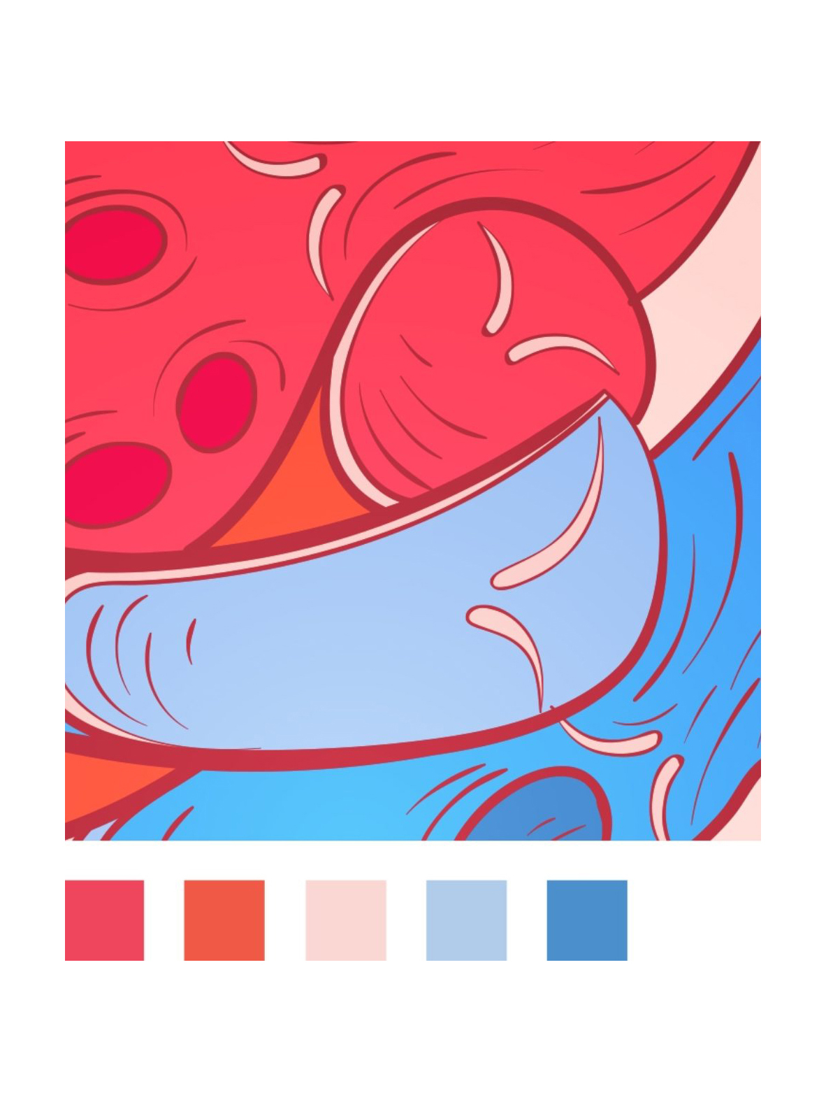 Abstract illustration featuring swirling shapes in vibrant colors. Top left is bright red with circles, merging into a blue area with curved lines. Swatches of colors are laid out below in red, orange, pink, light blue, and blue.