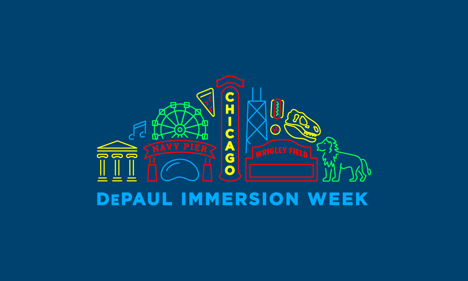 Illustration of Chicago landmarks like Navy Pier, Wrigley Field, and a lion, with "DePaul Immersion Week" text below in vibrant colors on a blue background.