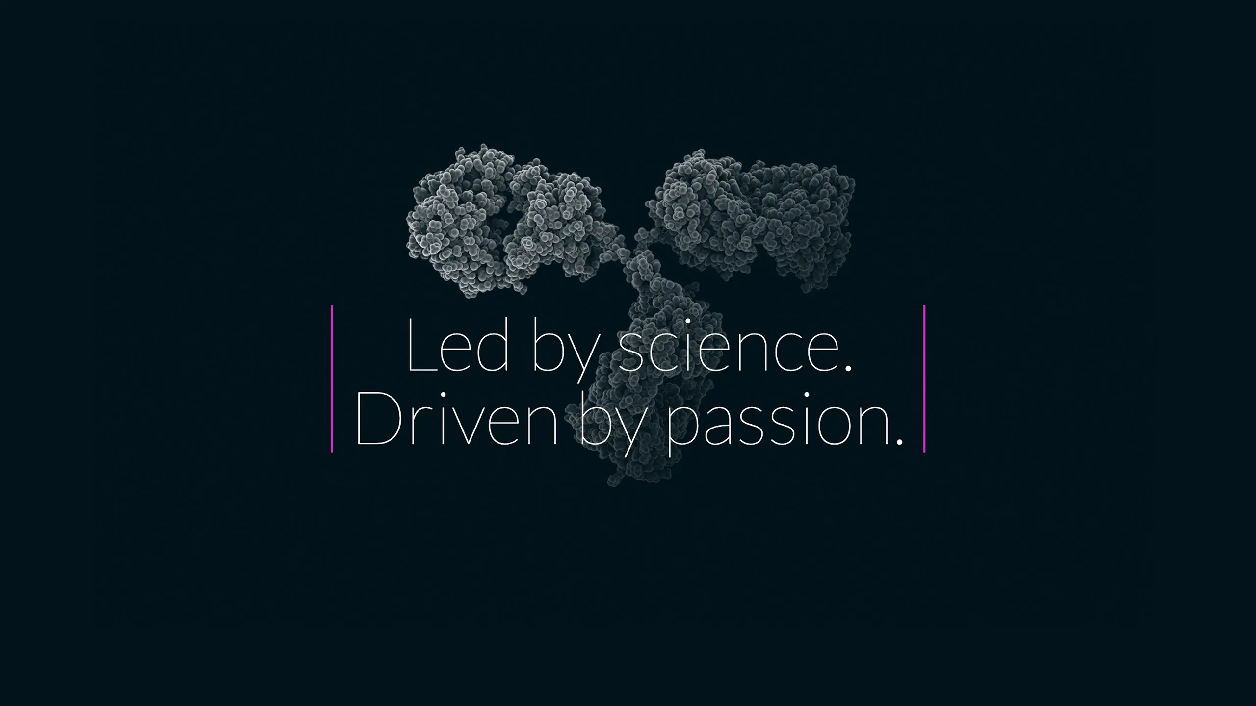 Abstract dark background with a detailed molecular structure centered. Overlaid text reads, "Led by science. Driven by passion." in light typeface.