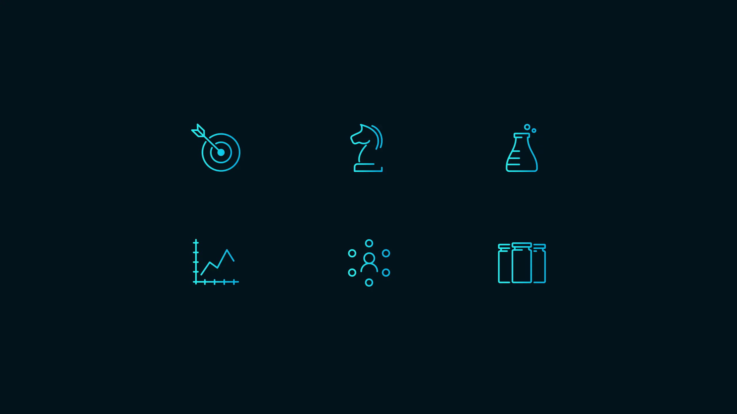 A dark background featuring six minimalist icons: target, chess knight, chemistry flask, line graph, network nodes, and test tubes, symbolizing strategy and science.