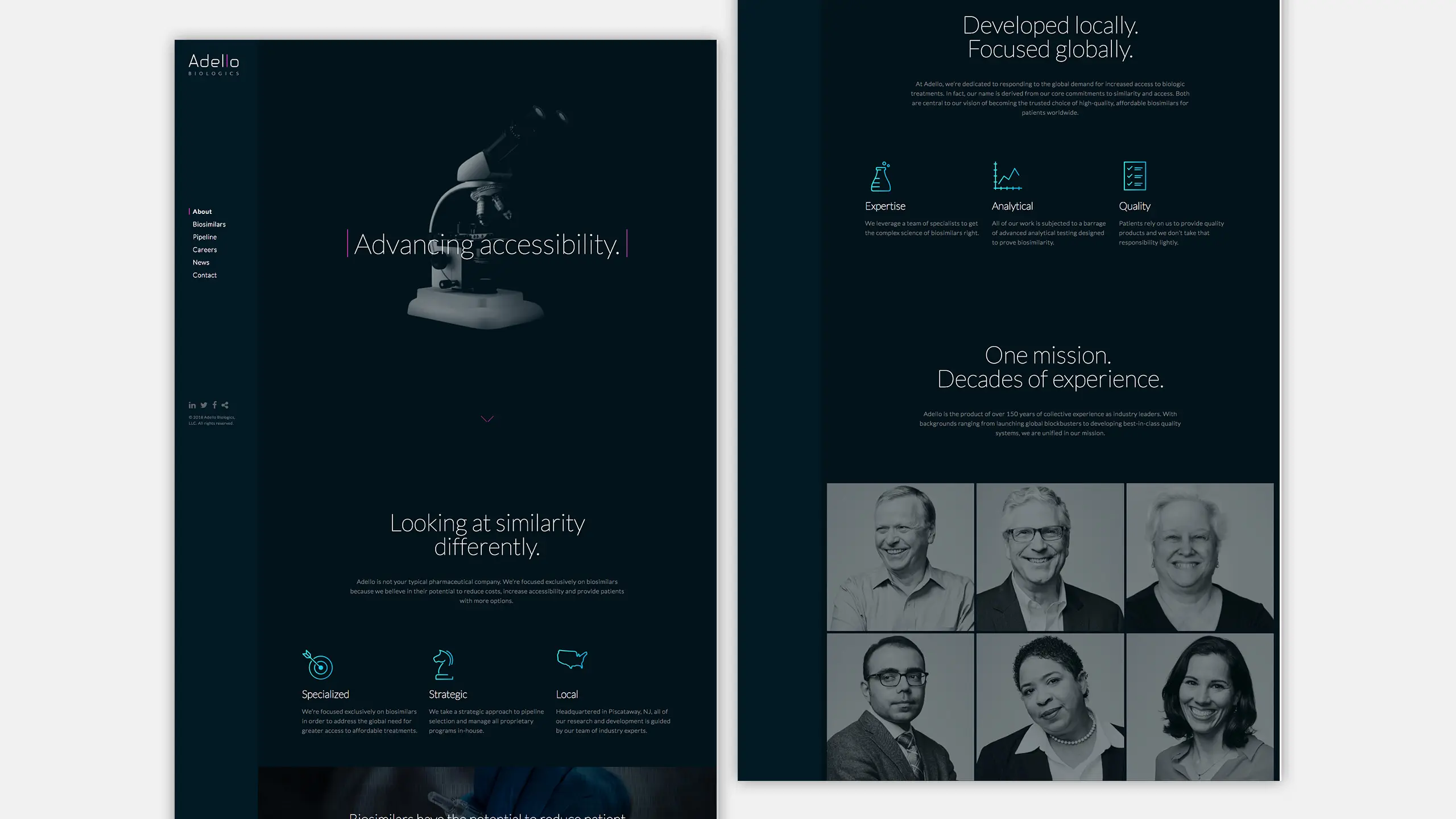 Dark-themed webpage design featuring a microscope and the text 'Advancing accessibility.' The page includes phrases like 'Looking at similarity differently' and 'Developed locally, Focused globally.' Six professional grayscale portraits are shown.