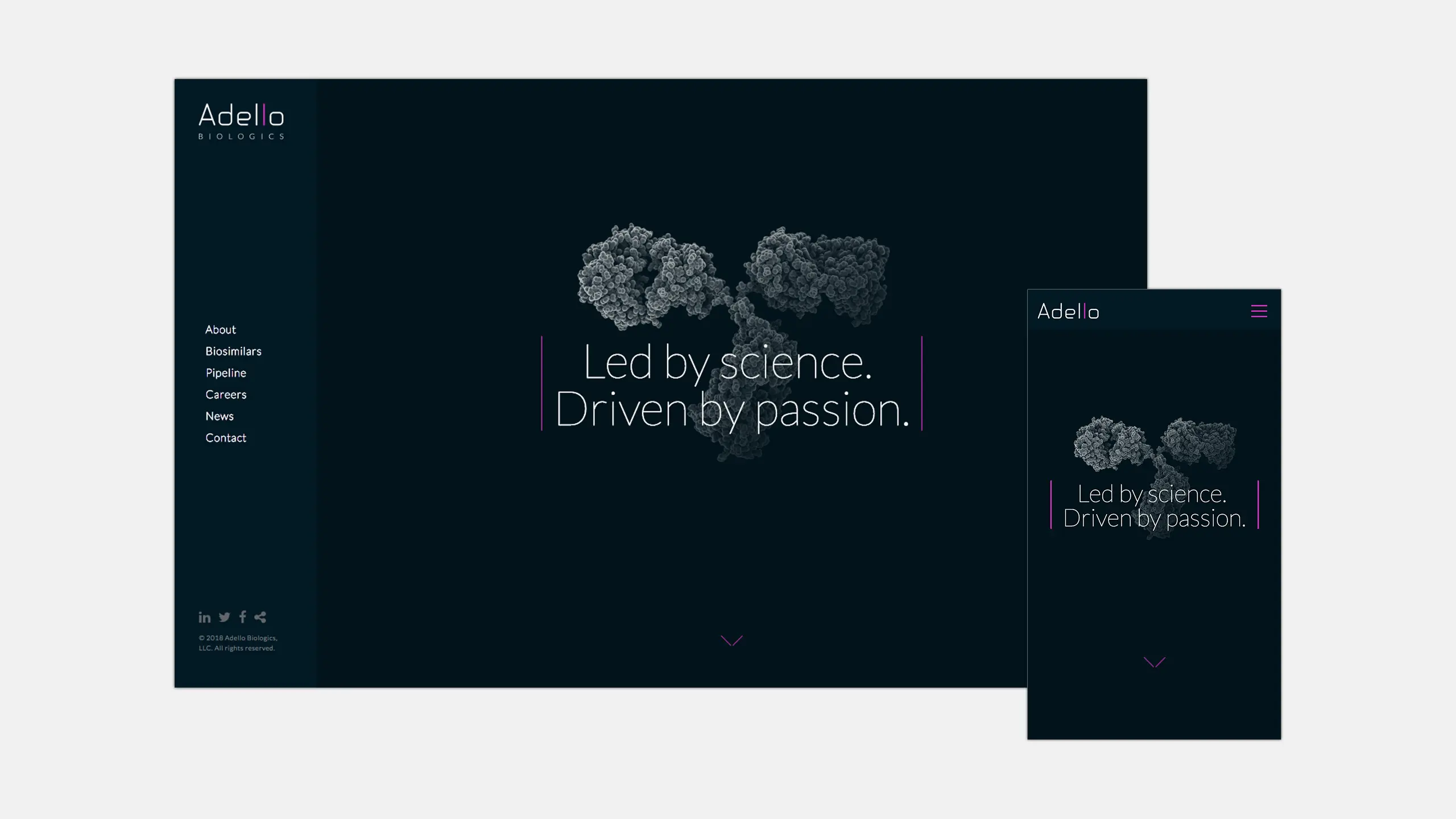 Website mockup for Adello Biologics featuring a dark background with a 3D molecular structure. Central text reads 'Led by science. Driven by passion.' The left sidebar has navigation links. A mobile version is shown beside it, maintaining the same design elements.