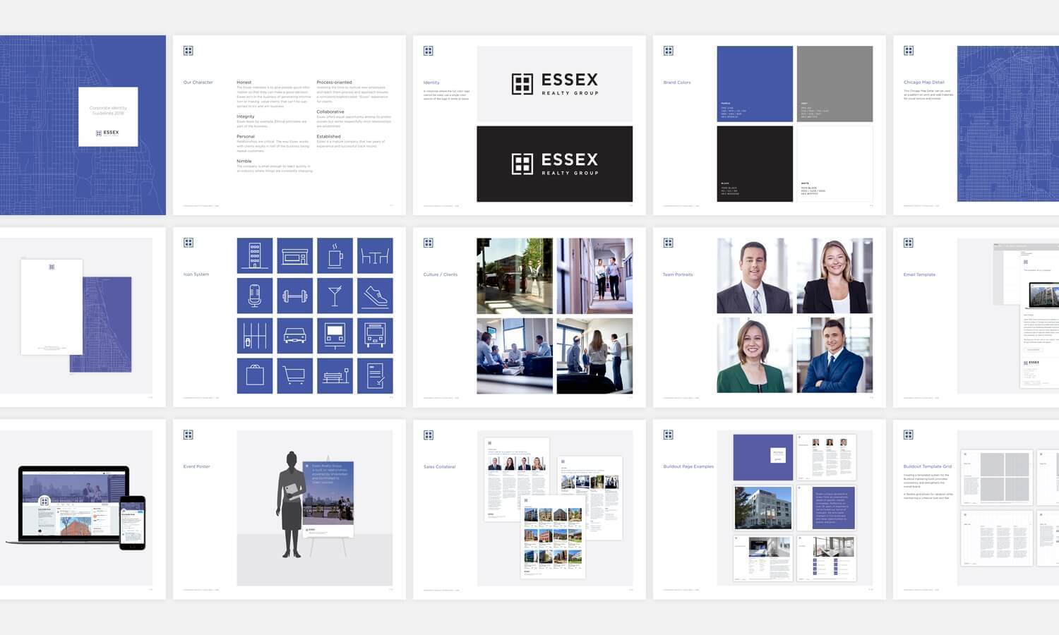 A grid of images showcases a realty group's brand materials, including logos, color schemes, office images, and staff portraits.