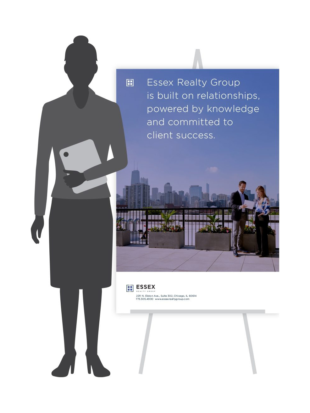 Silhouette of a person holding a folder stands beside a poster. Poster shows two people discussing on a rooftop with city skyline; text promotes Essex Realty Group.