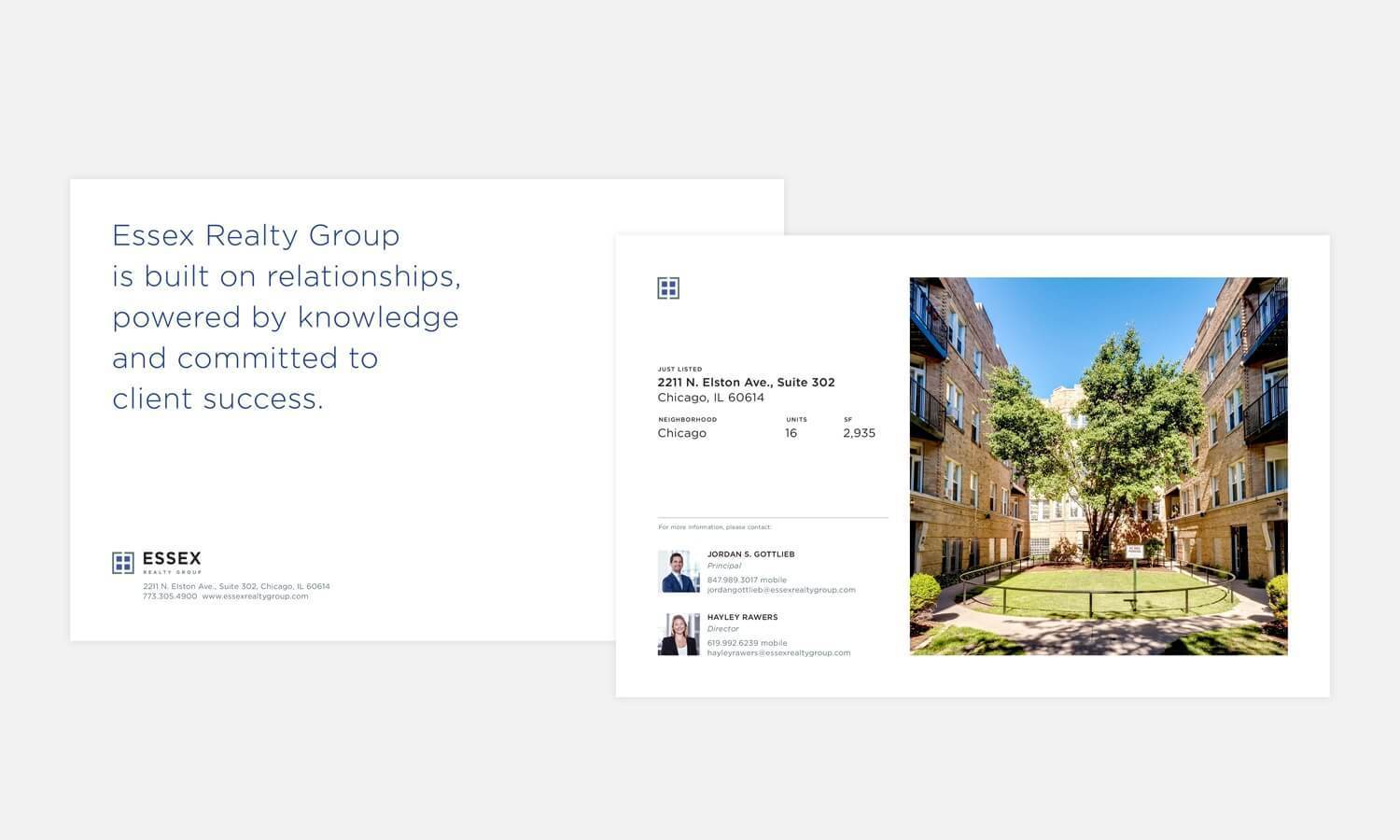 Essex Realty Group marketing material showcasing a courtyard with lush greenery between apartment buildings. Contact information and company message on the left.